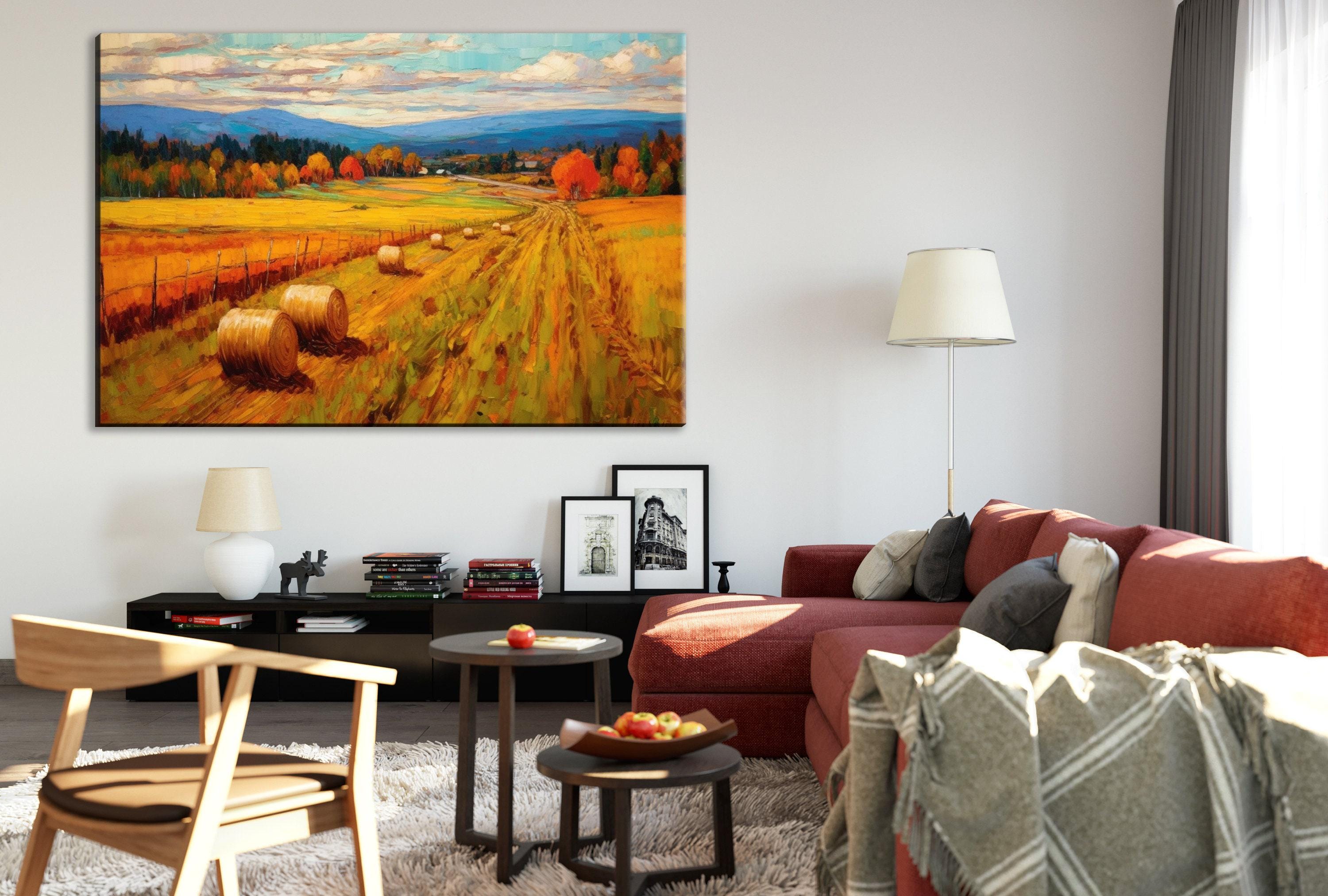 Rural Canvas Wall Art – Large Canvas Art with Hay Bale Painting, Rustic Home Decor