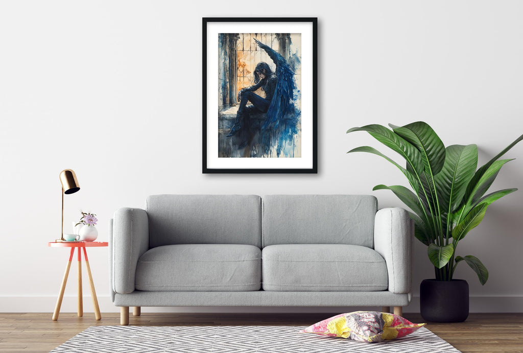 a gray sofa, a framed painting of a woman with a blue background, a potted plant, and a small table with a lamp.