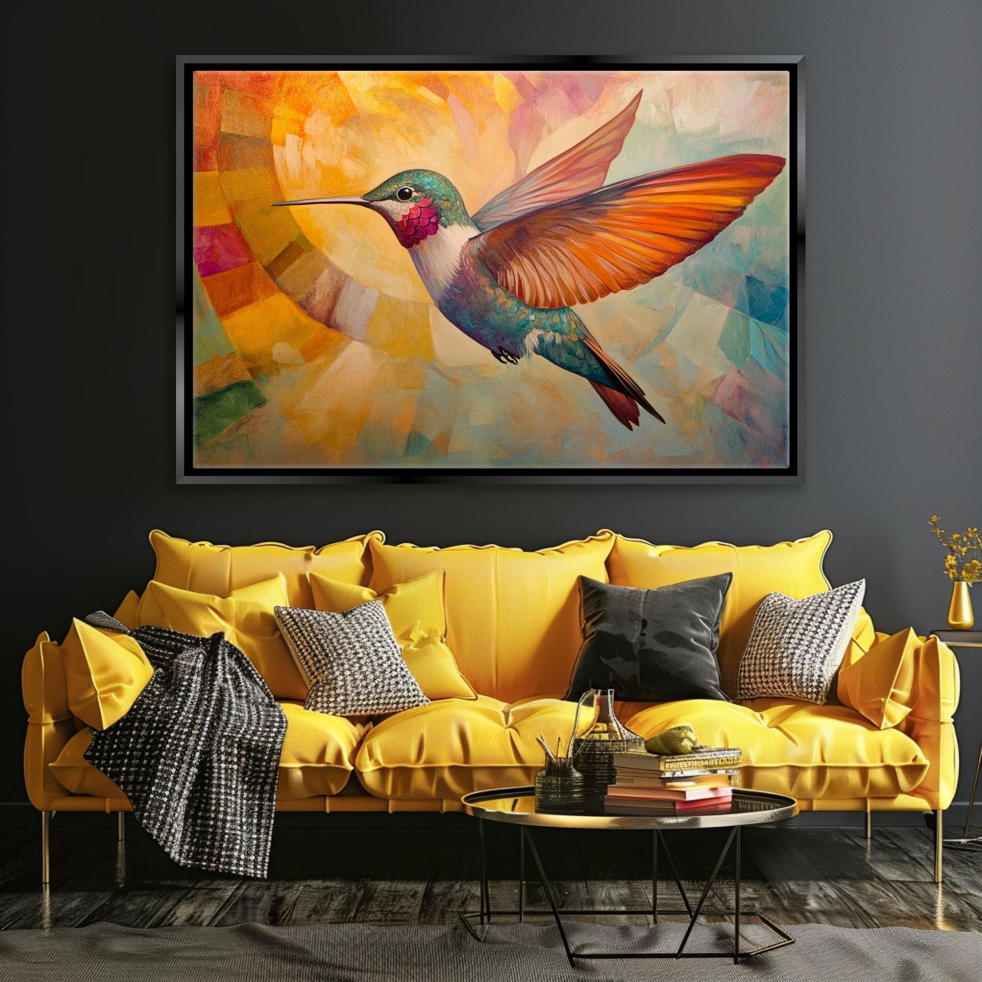 a living room with a yellow couch and a painting on the wall