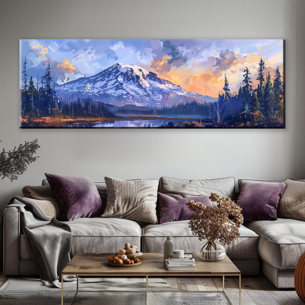 a living room with a couch and a painting on the wall