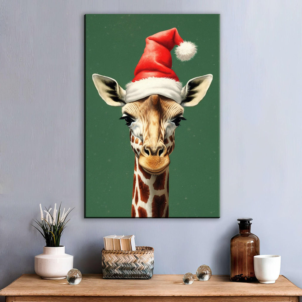 Christmas Canvas Art – Whimsical Giraffe in Santa Hat | Norman Rockwell Style Holiday Decor