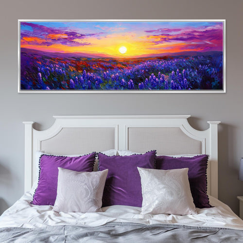 a painting of a sunset over a field of flowers