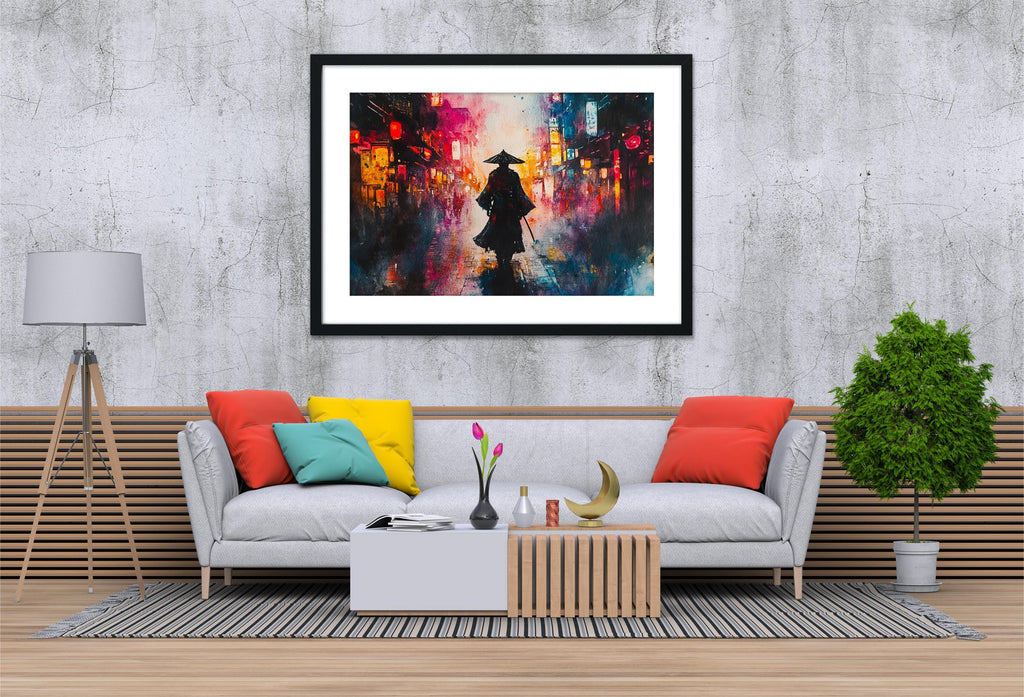 a modern living room with a gray sofa, a wooden coffee table, and a framed painting of a person in a traditional Asian outfit walking in the rain.