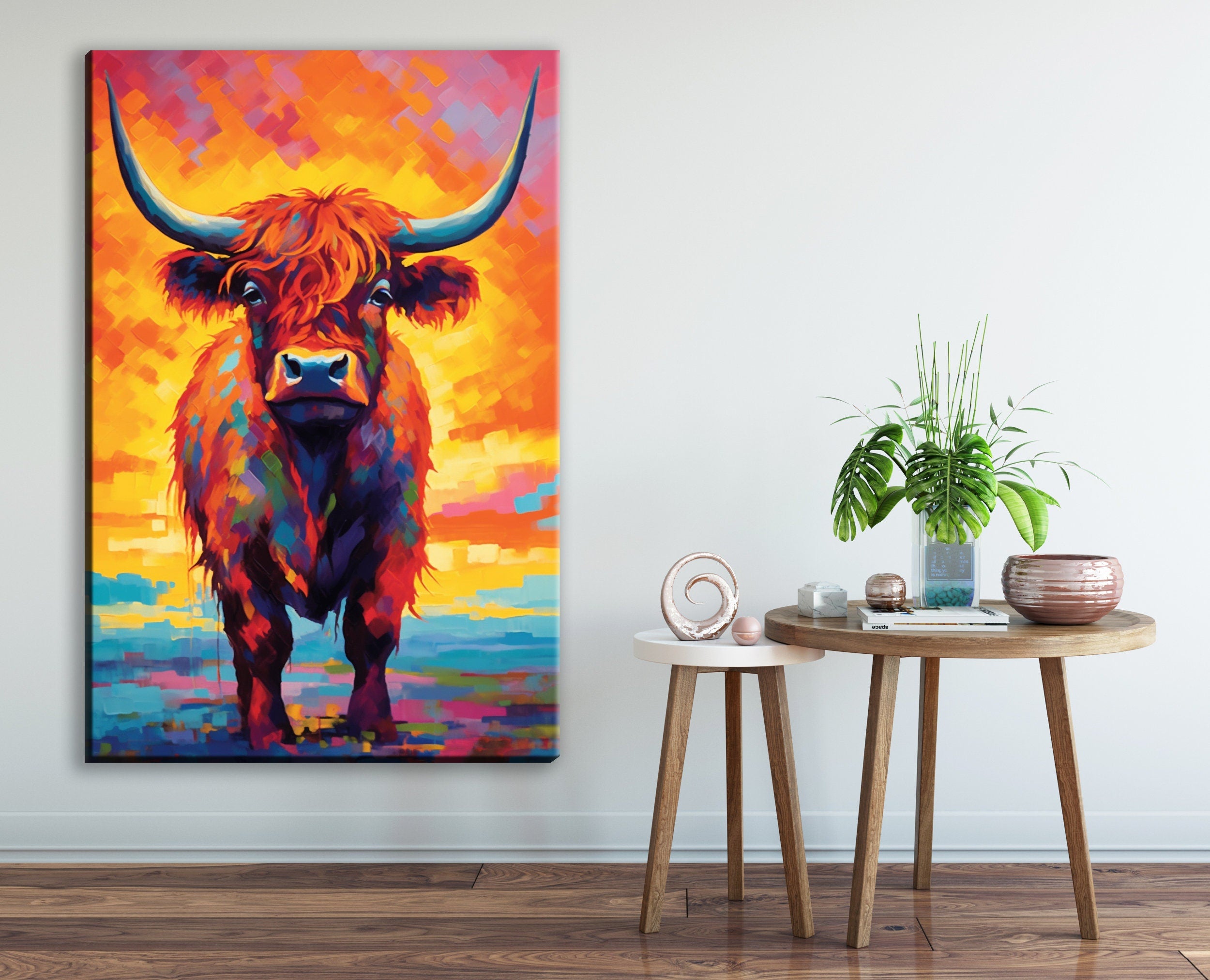Highland Cow Canvas – Large Farmhouse Wall Art | Rustic Scottish Decor