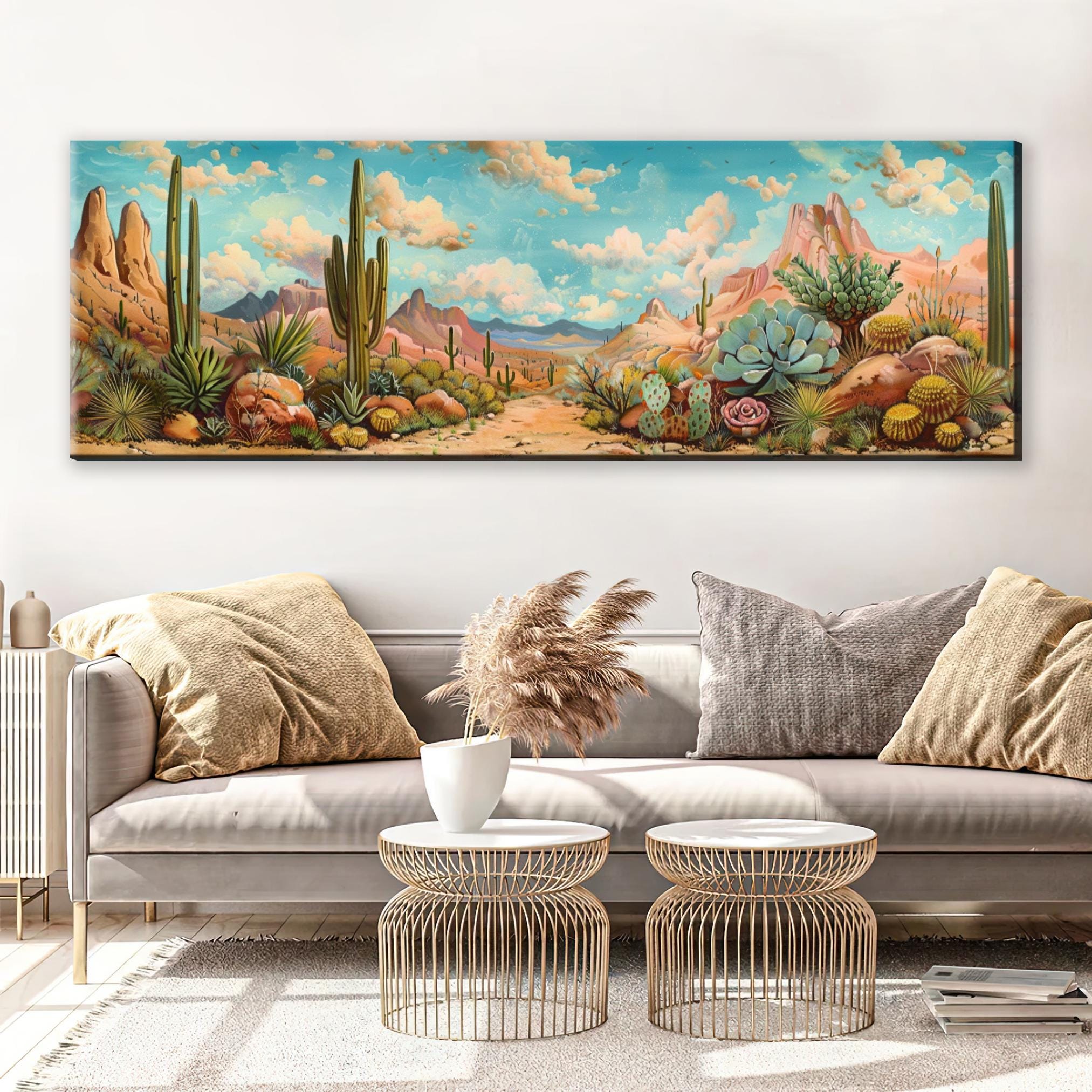 a living room with a couch and a painting on the wall