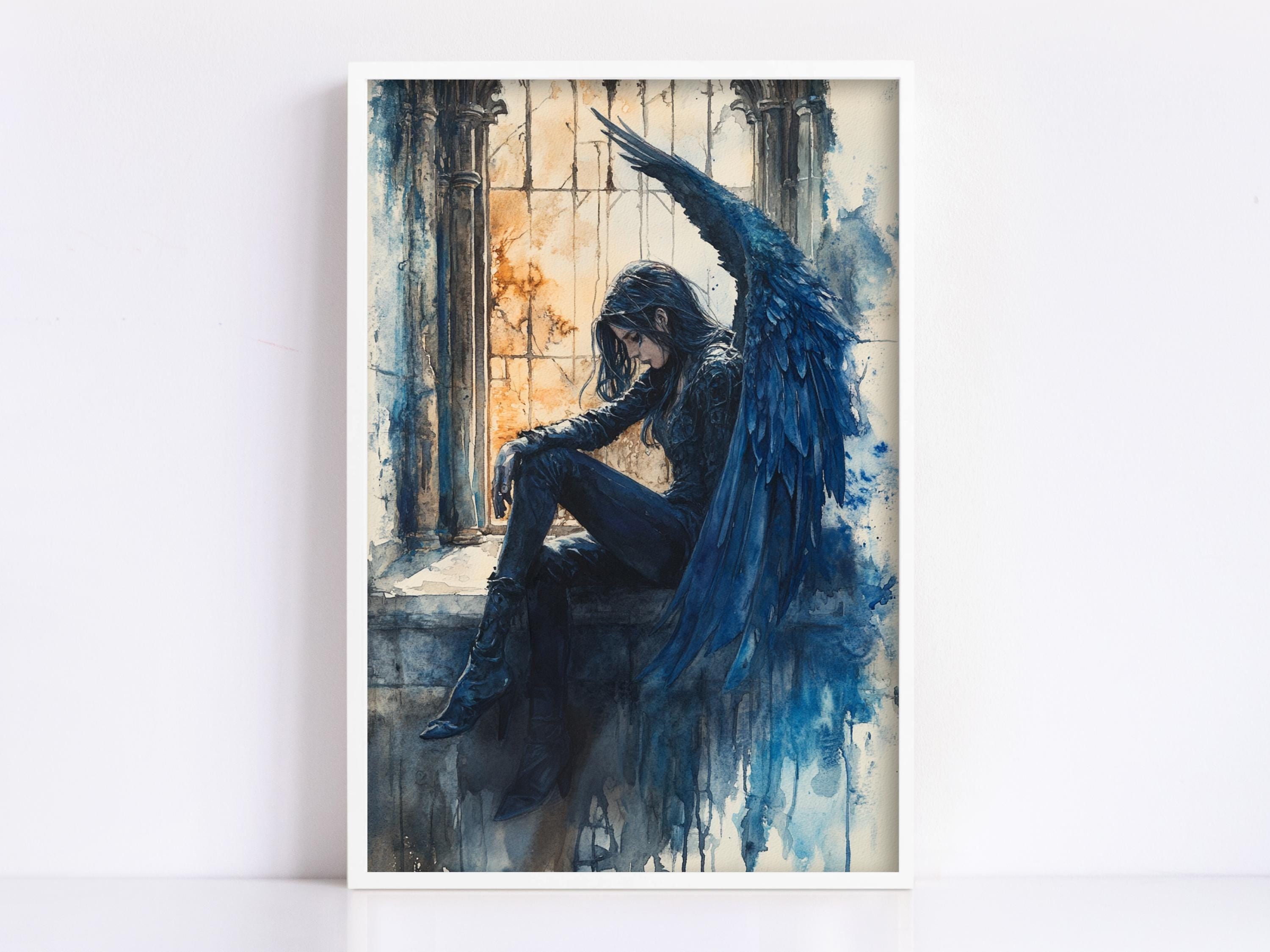 A framed painting depicting a woman with long dark hair and a black outfit, sitting on a ledge with her arms outstretched, as if she is a winged figure.
