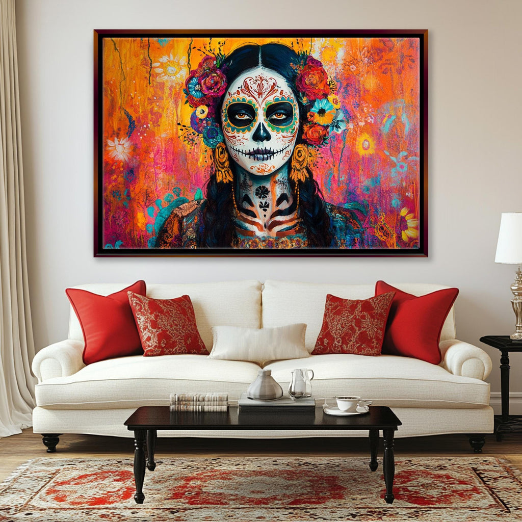 Mexican Sugar Skull Art - Extra Large Framed Canvas Print | Vibrant Día de Muertos Decor