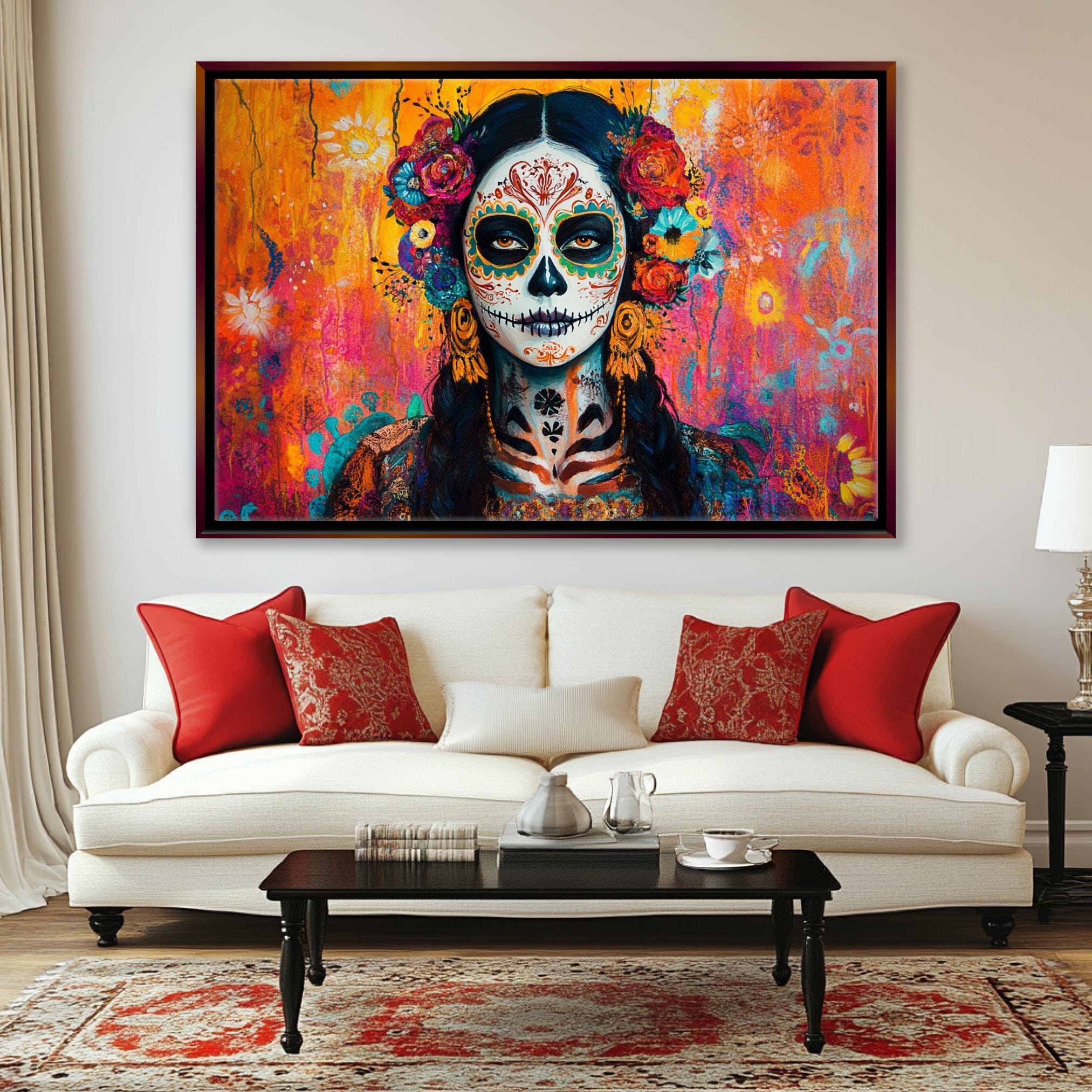 Mexican Sugar Skull Art - Extra Large Framed Canvas Print | Vibrant Día de Muertos Decor