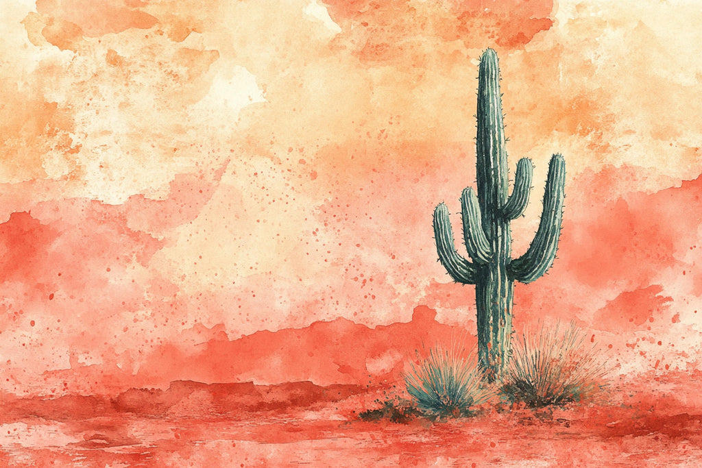 A watercolor painting depicting a cactus standing in a desert landscape with a warm, orange and red background.