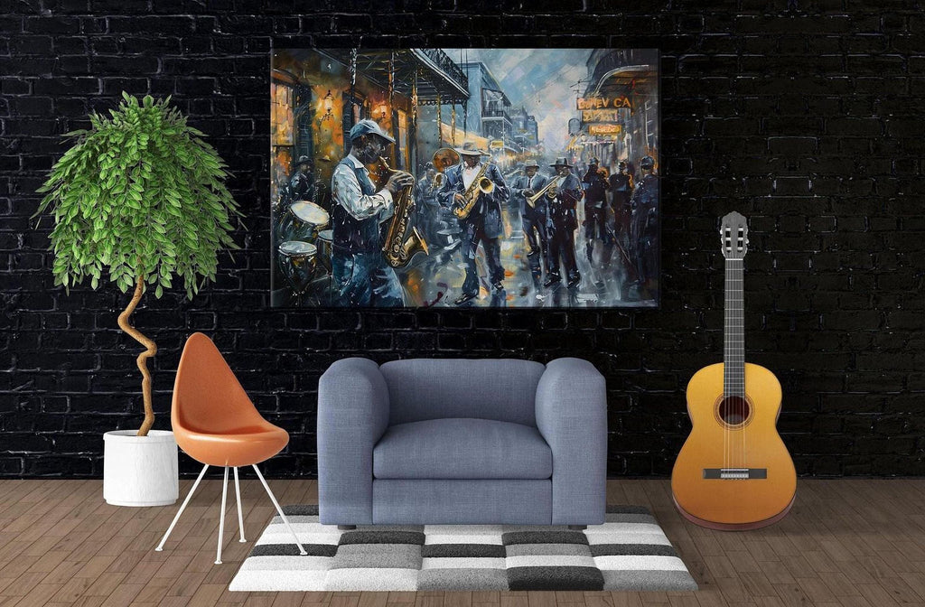 a modern living room with a large painting of a street scene hanging on the wall, a guitar, a blue armchair, and a potted plant.
