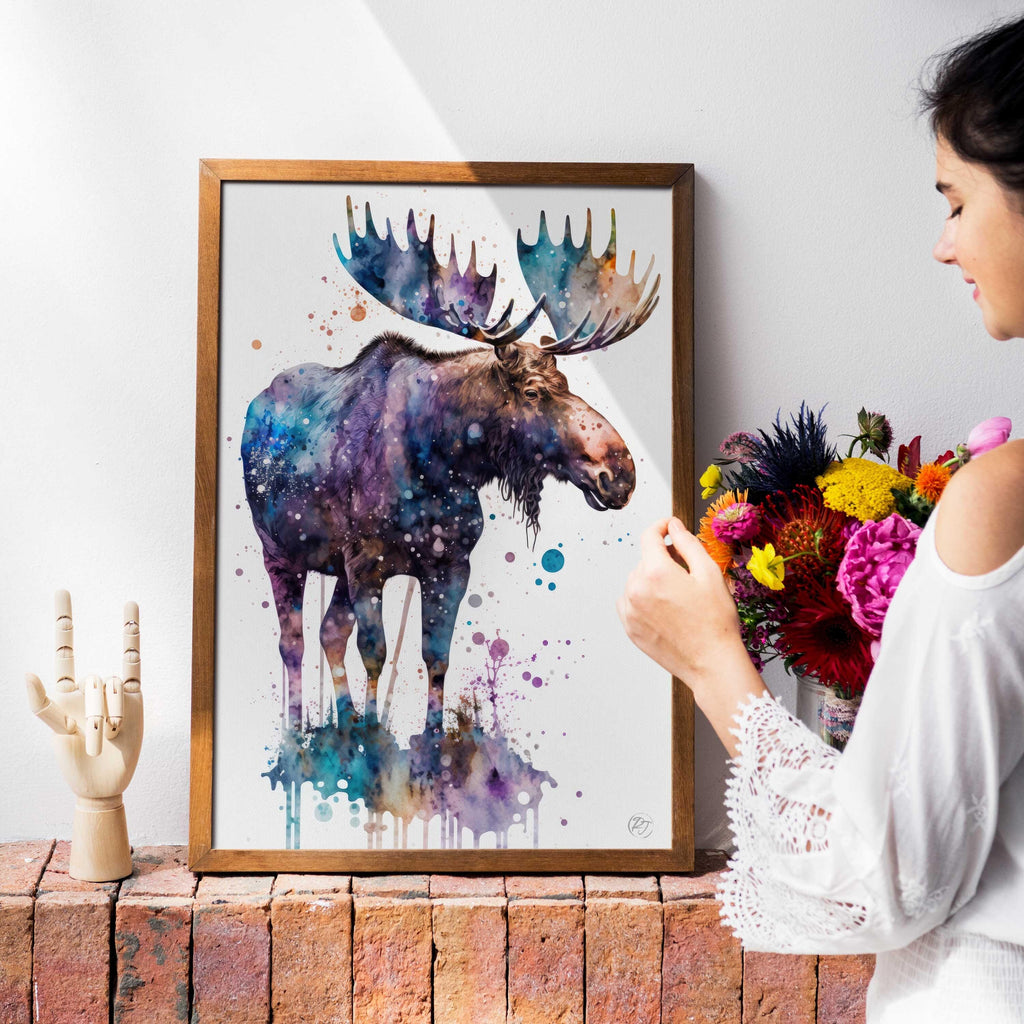 Moose Watercolor Art Print, Nursery Animal Canvas Print, Cute Decor, Framed Kids Wall Art