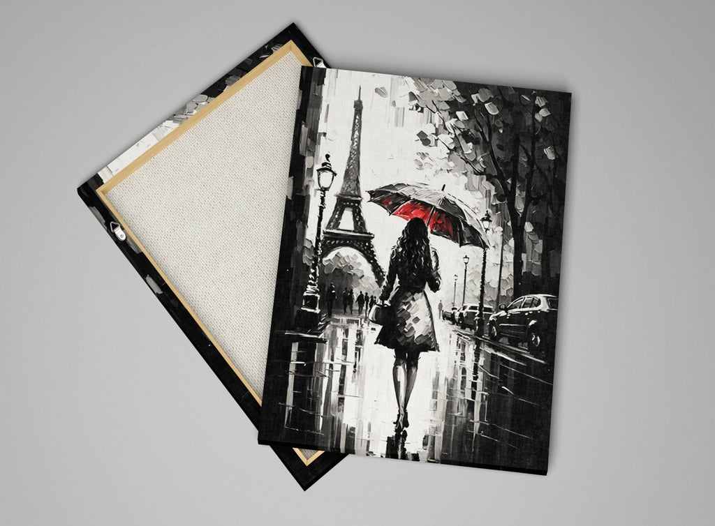 Parisian Canvas Art – Black and White Art with Red Umbrella | Large Gallery Ready Canvas Print