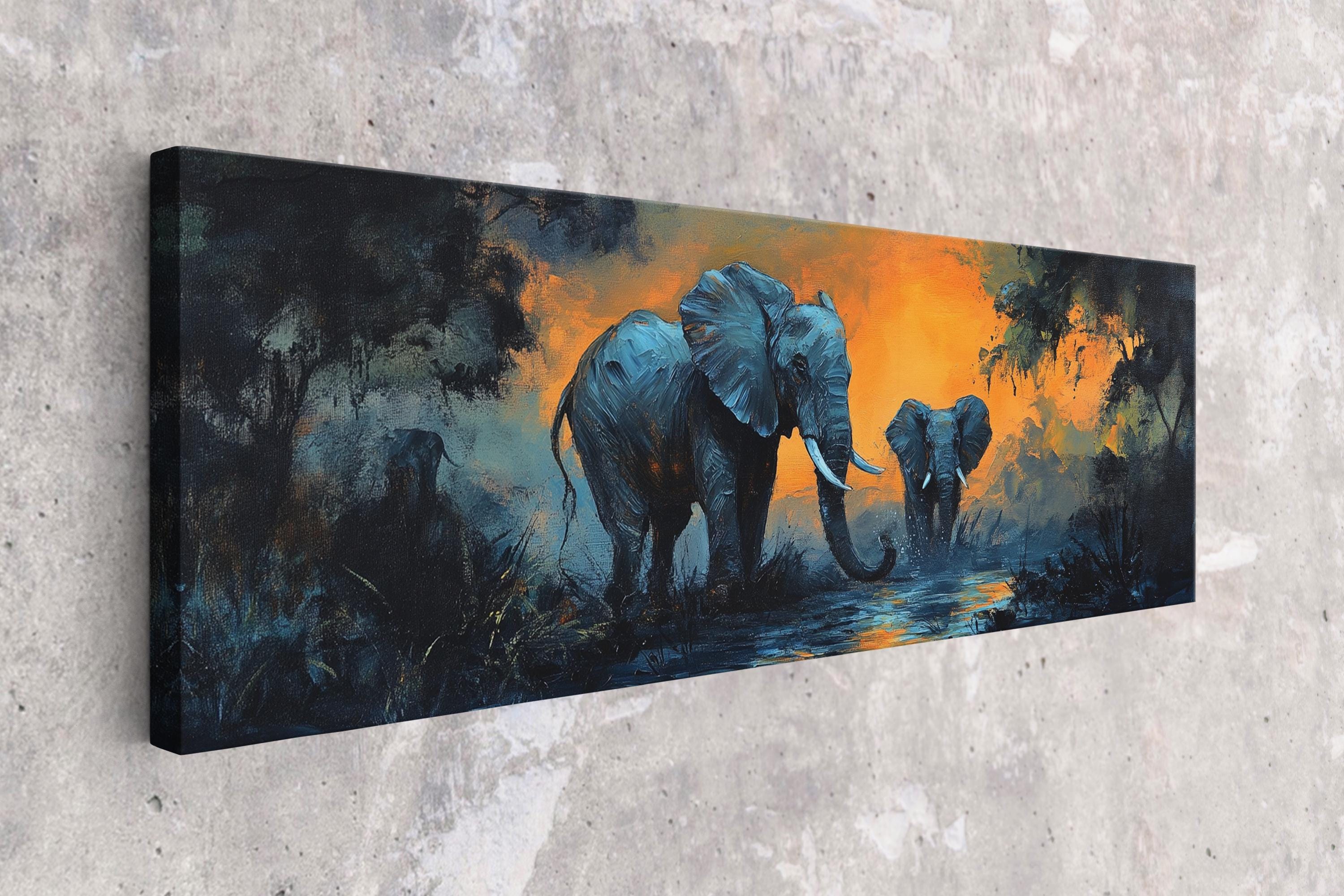 a painting of two elephants walking down a path