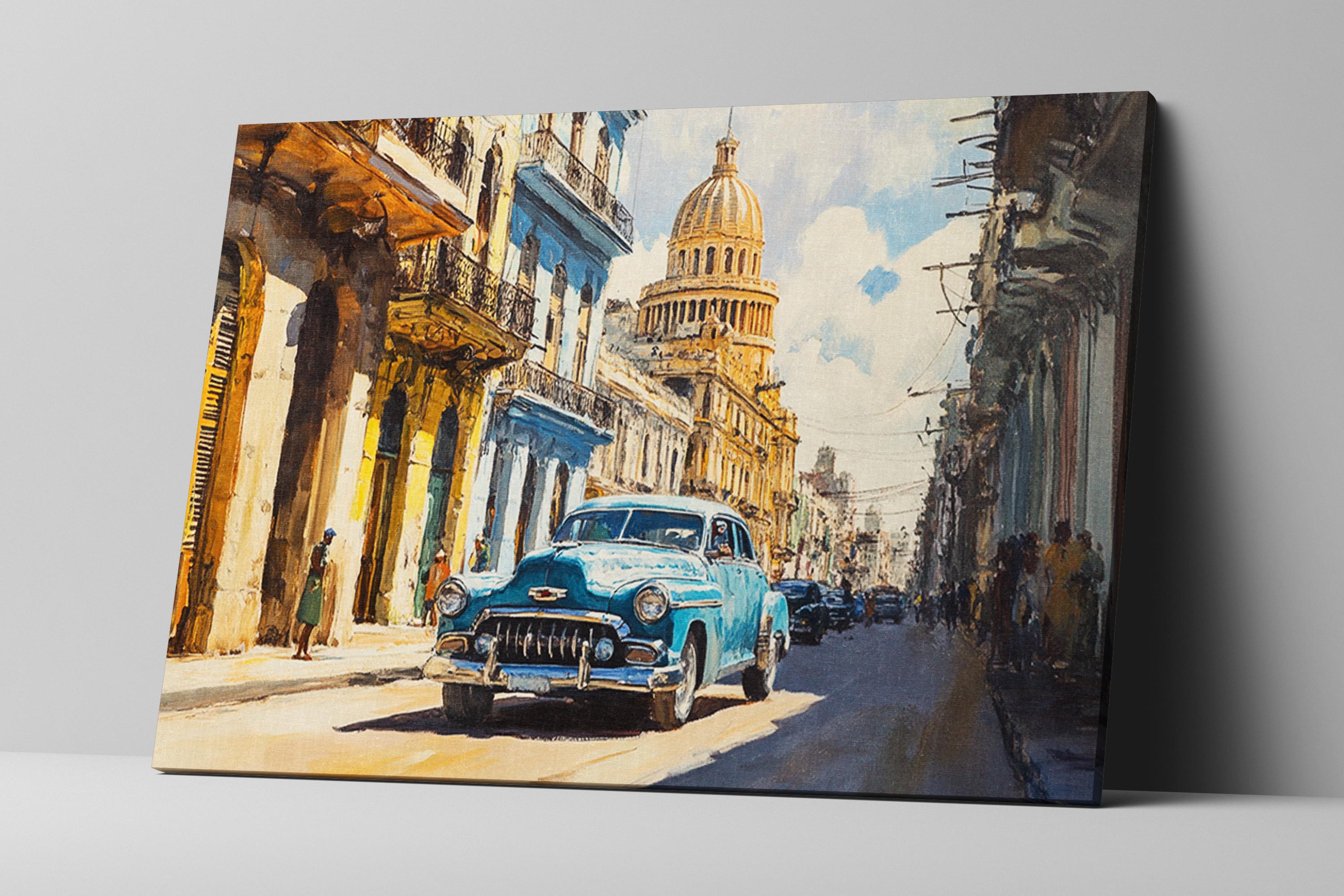 a painting of a car driving down a street