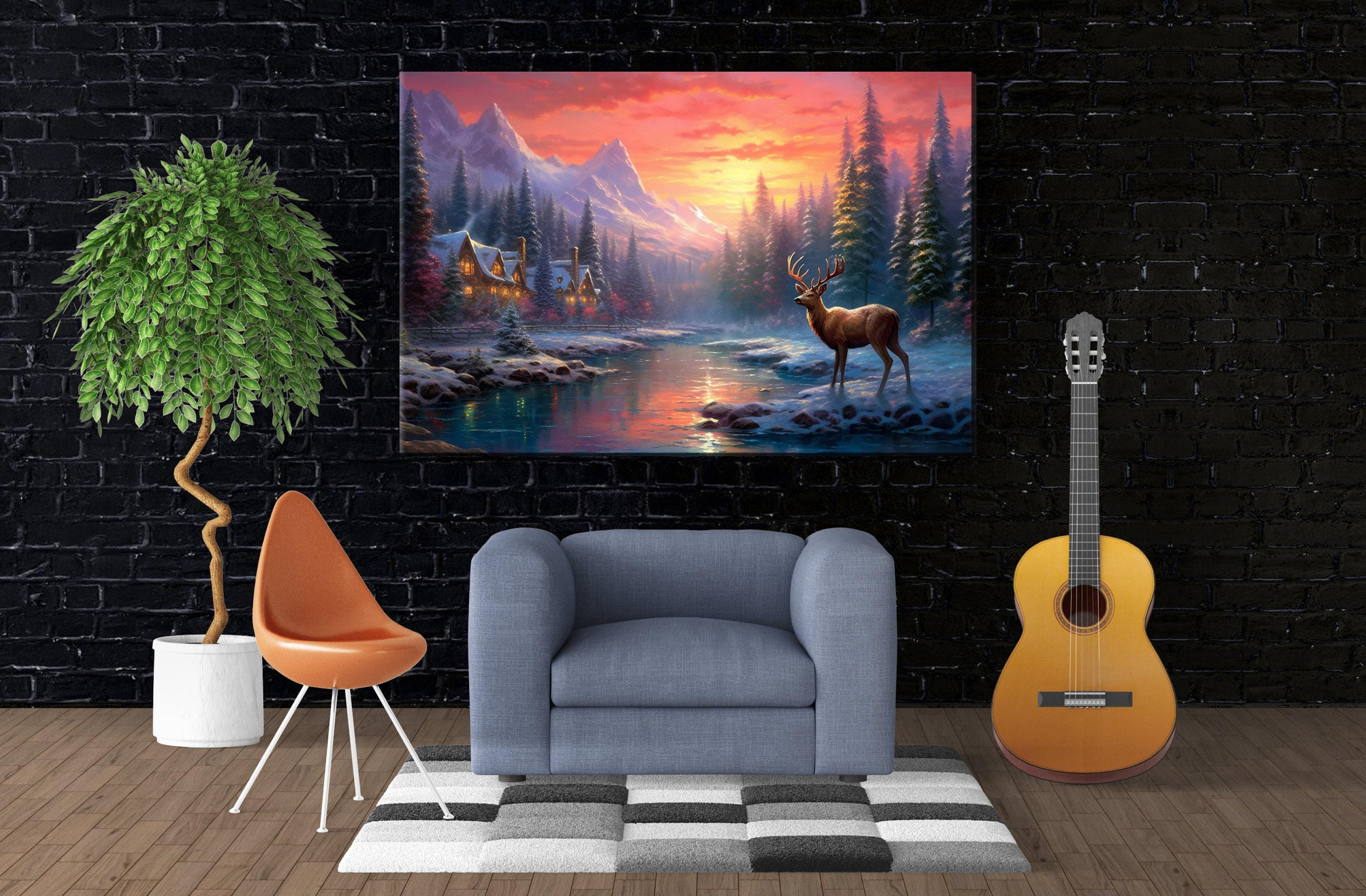 Vintage Reindeer Canvas – Extra Large Giclee Art Print | Rustic Christmas Decor