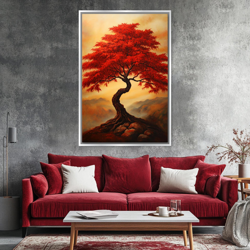 a living room with a red couch and a painting on the wall