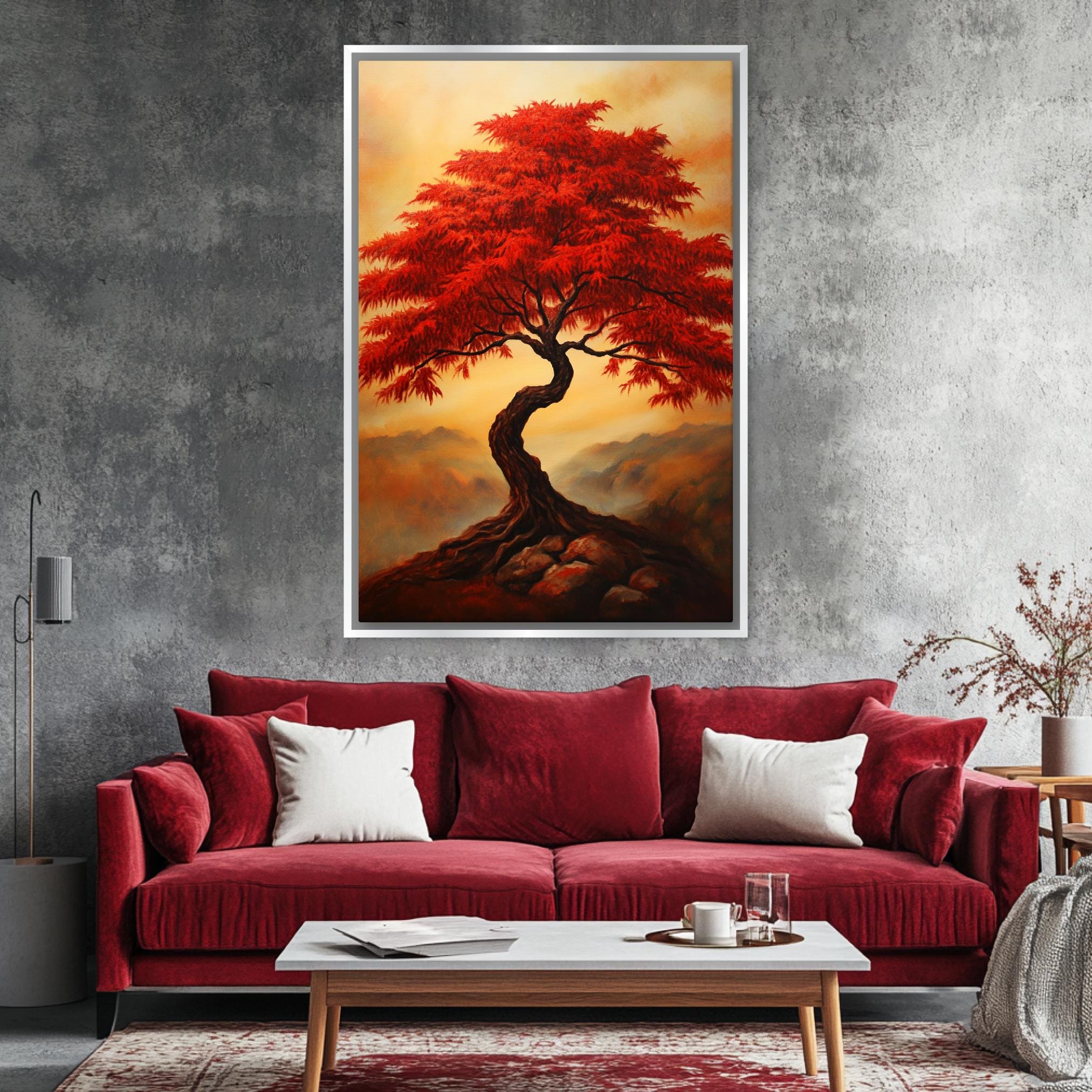 a living room with a red couch and a painting on the wall
