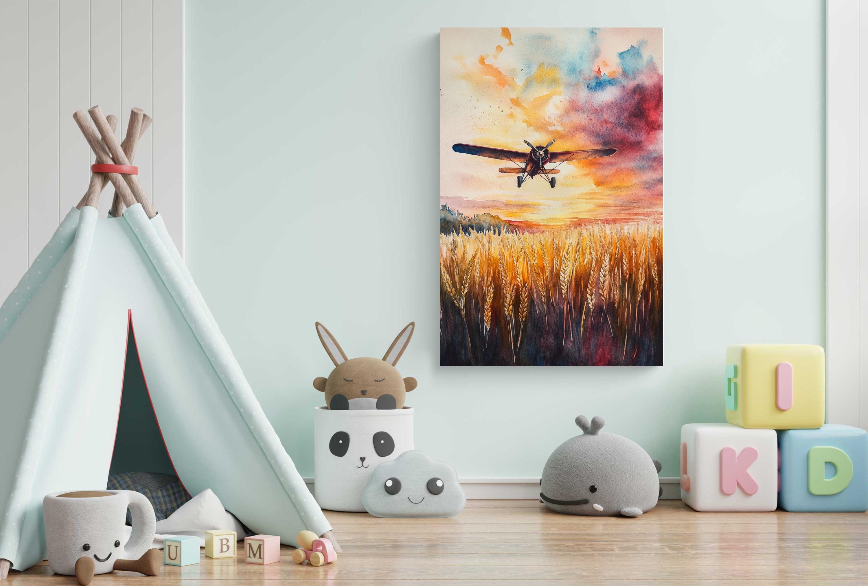 A colorful painting of a plane flying over a field of wheat is displayed on the wall, surrounded by various toys and decorations in a child's bedroom.