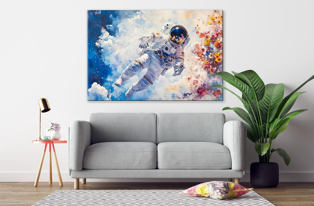 a gray sofa in a living room with a large painting of an astronaut floating in space above it.