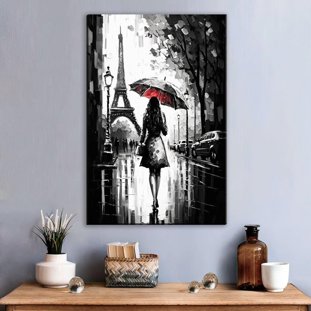 Parisian Canvas Art – Black and White Art with Red Umbrella | Large Gallery Ready Canvas Print