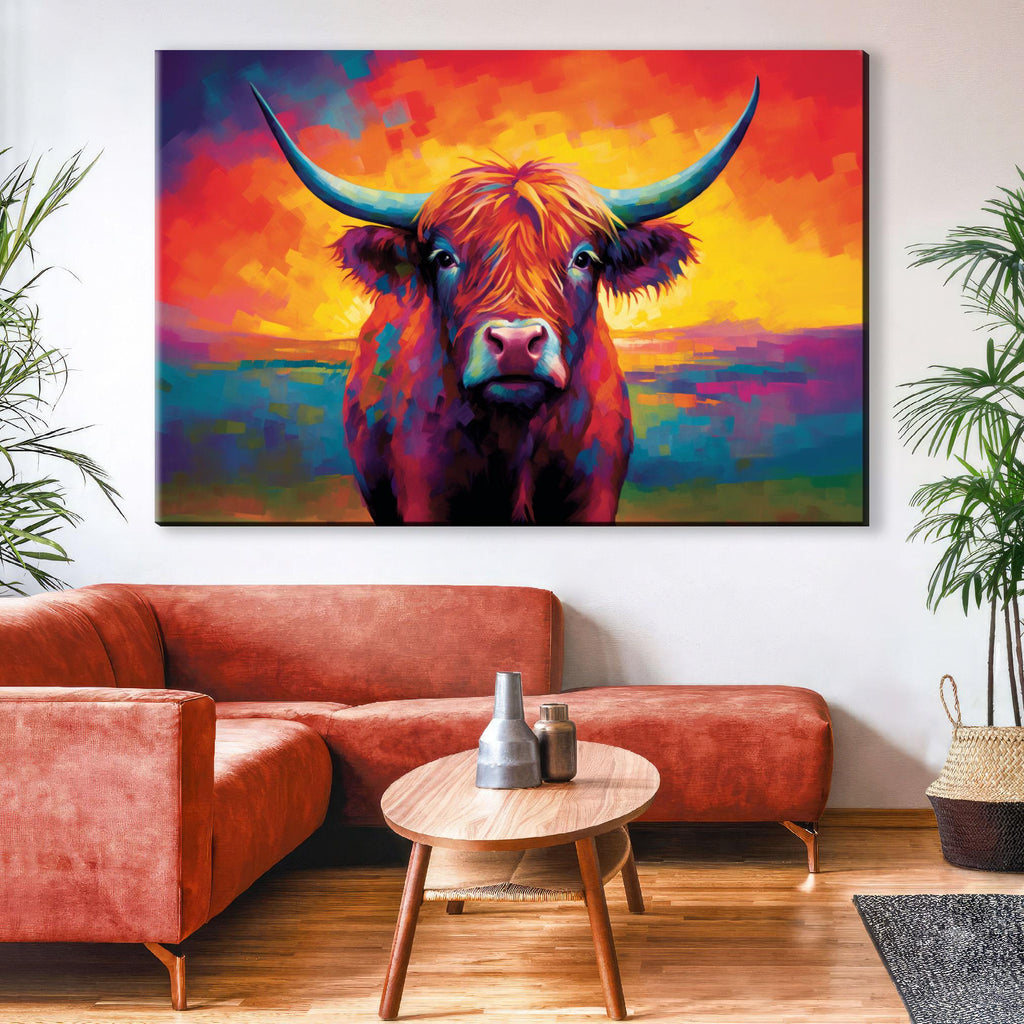 Highland Cow Art – Colorful Animal Canvas | Rustic Farmhouse Wall Decor, Extra Large Gallery Wrapped Canvas