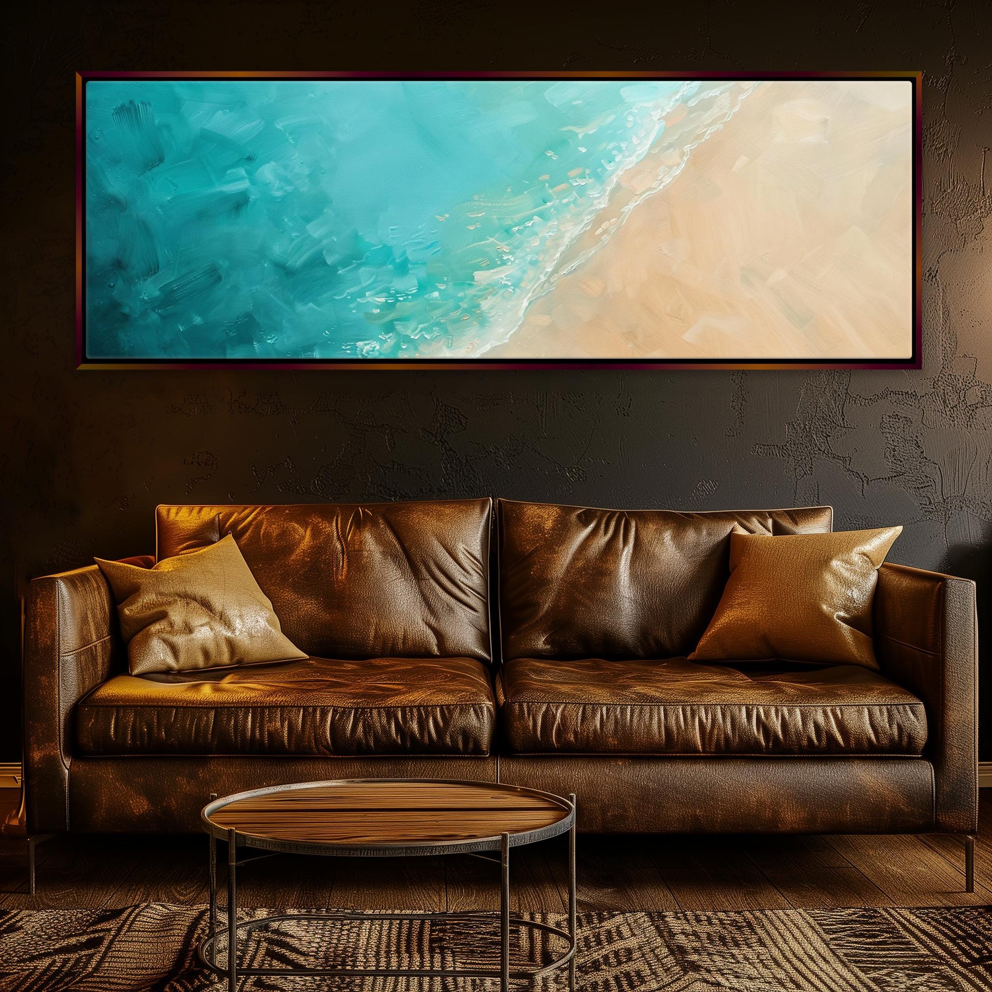 a living room with a couch and a painting on the wall