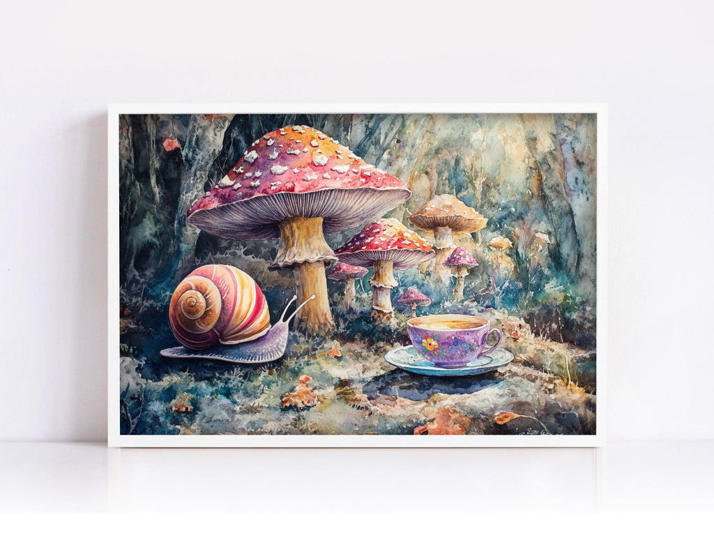 A whimsical painting depicting a snail on a mushroom, with a cup of tea nearby, set against a lush, fantastical forest backdrop.