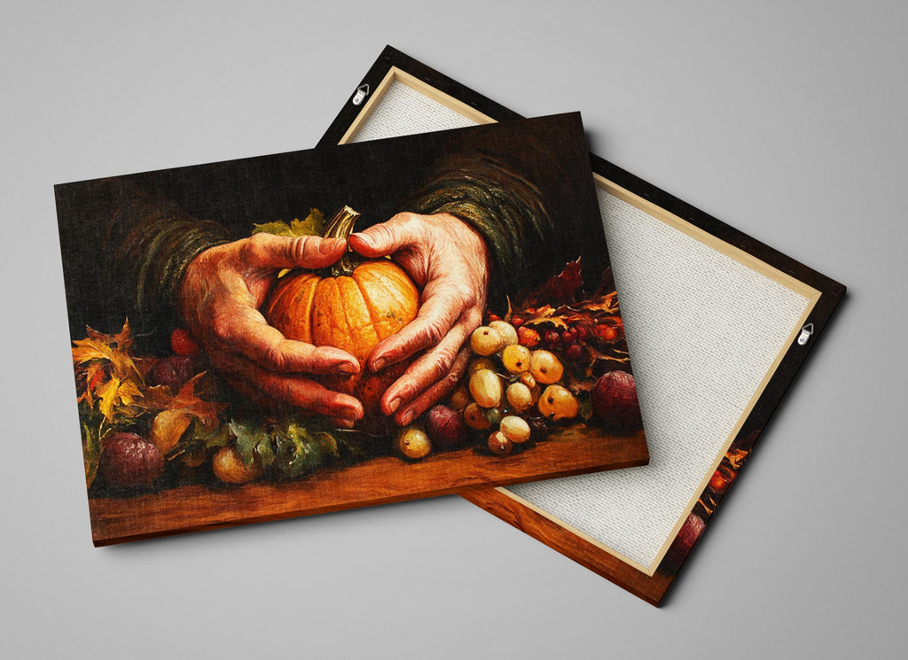 A painting of a pair of hands holding a pumpkin, surrounded by various fruits such as grapes and apples, against a dark background.
