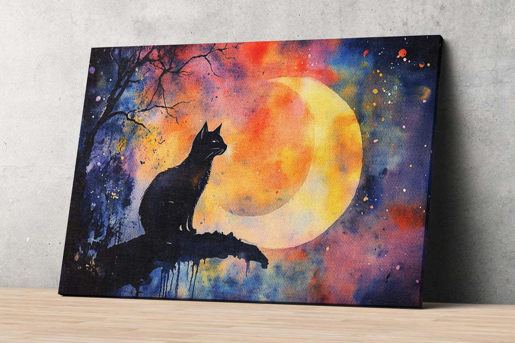 A black cat sitting on a rock, silhouetted against a vibrant, colorful night sky with a crescent moon.