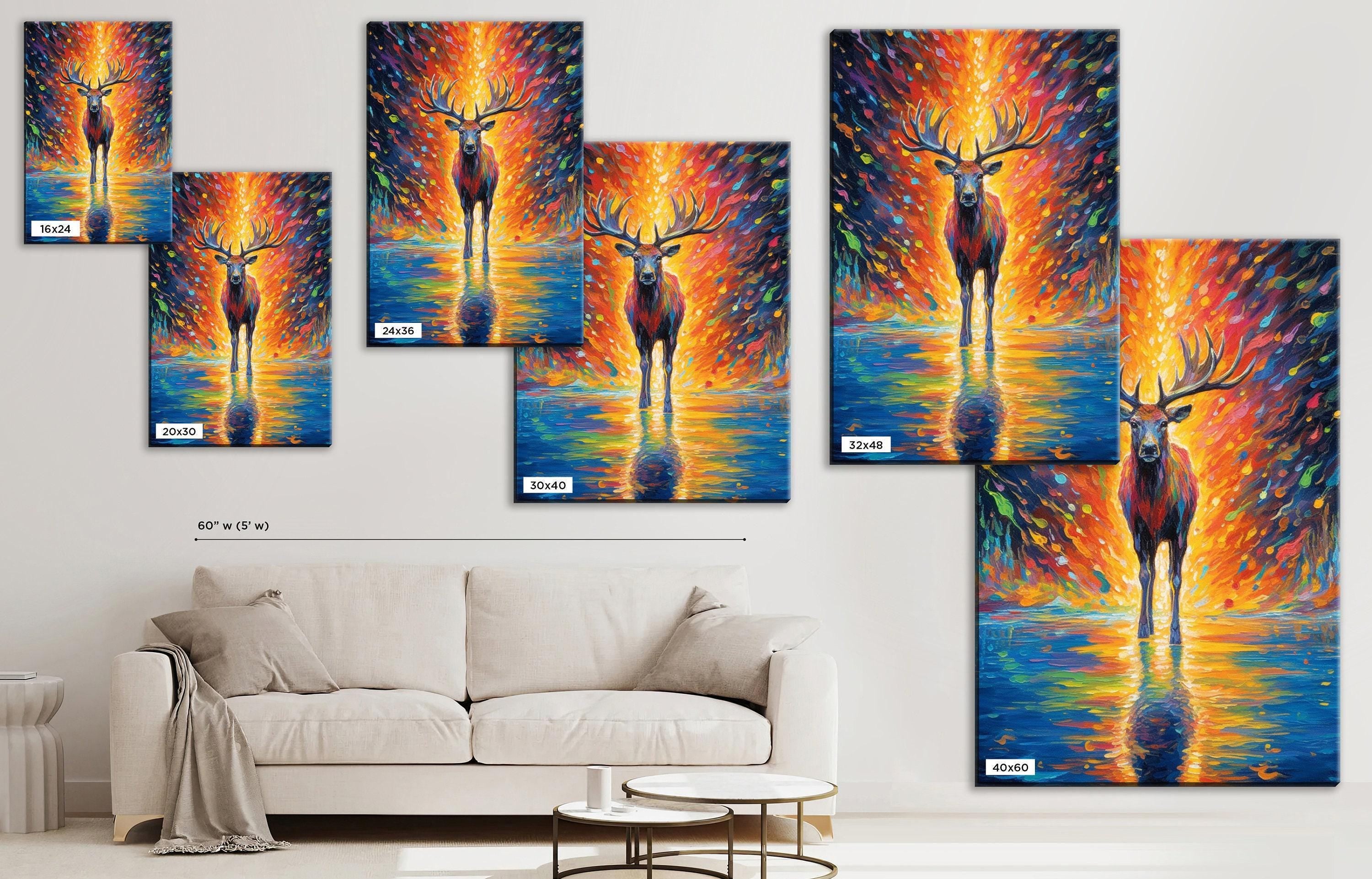 Colorful Reindeer Painting - Large Giclee Canvas Print | Holiday Wall Art