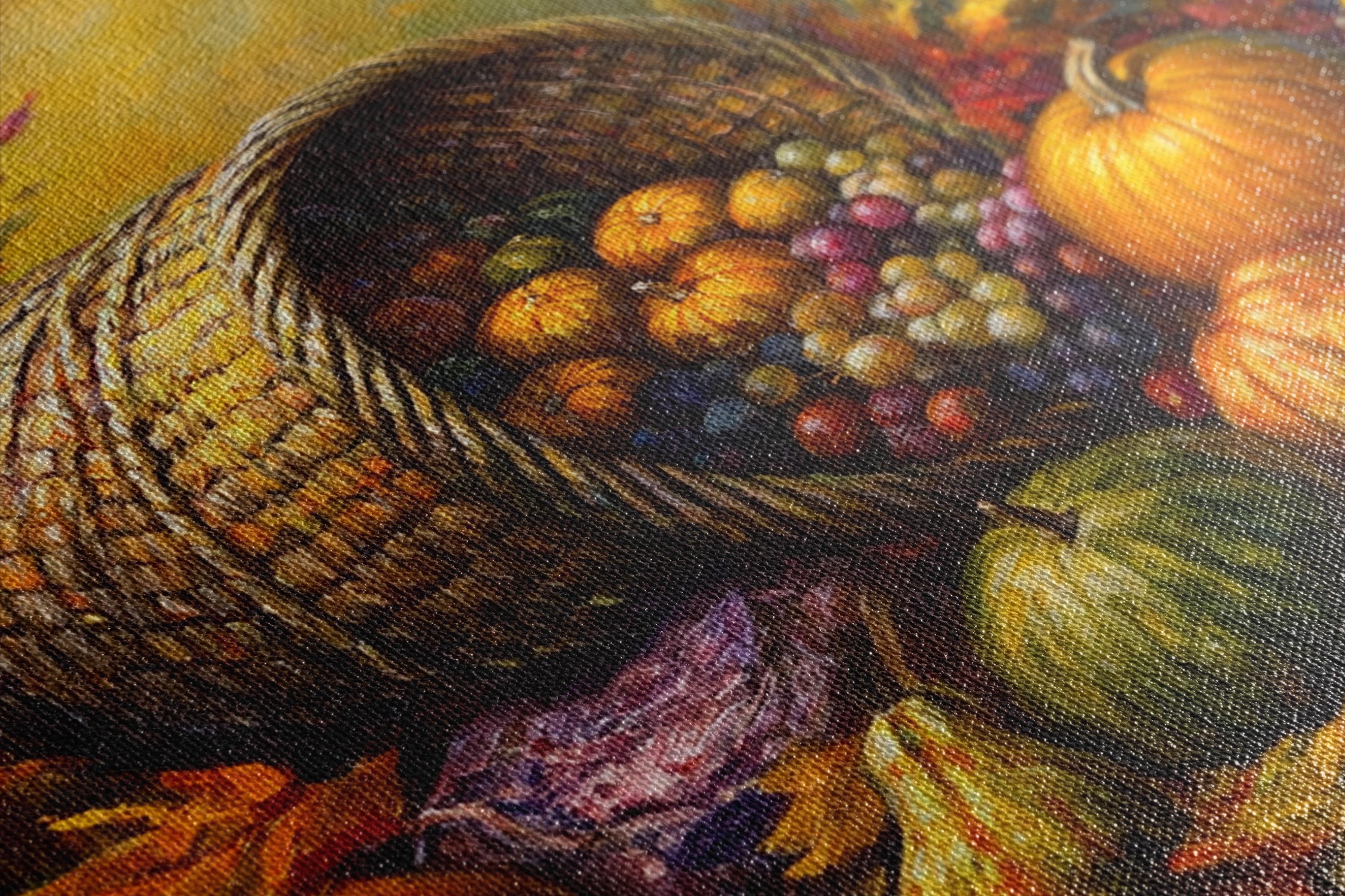 a basket filled with a variety of fruits and vegetables, including a large squash, a bunch of grapes, and several oranges and apples.