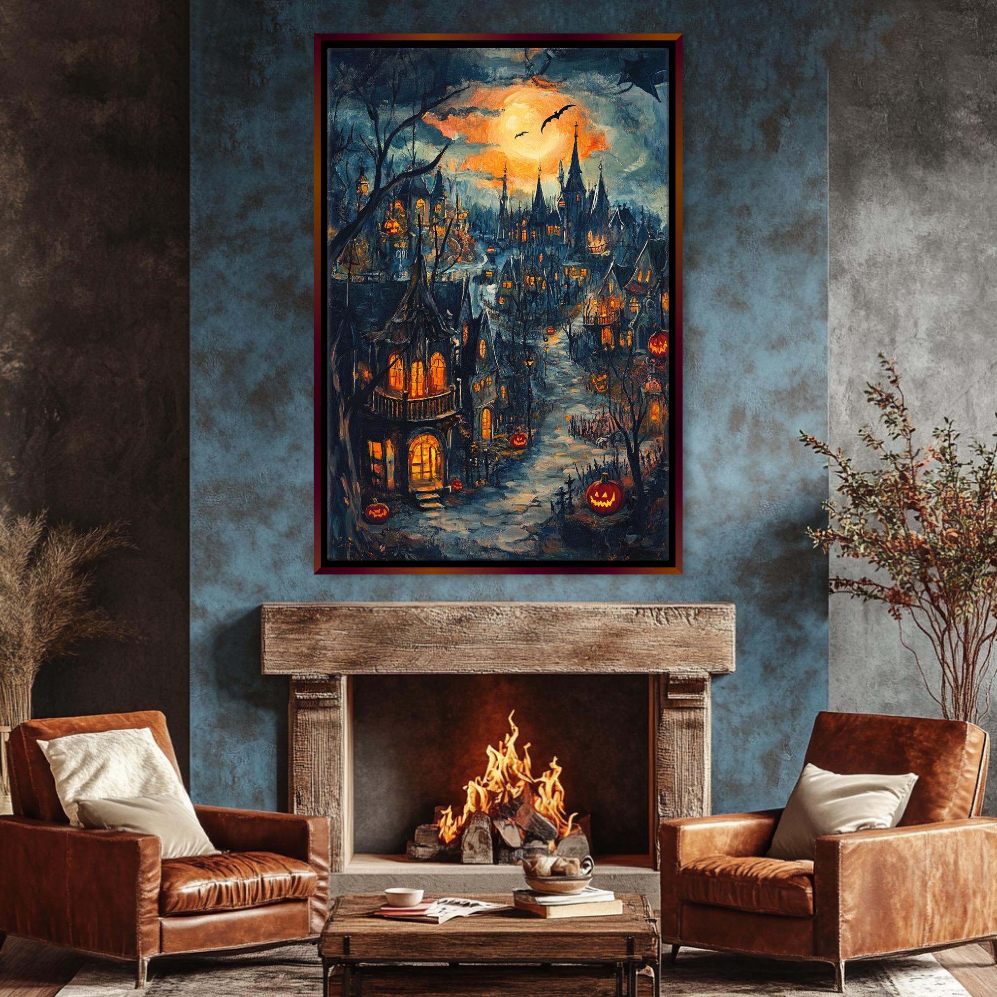 Halloween Town Canvas - Extra Large Framed Wall Art | Spooky Seasonal Decor