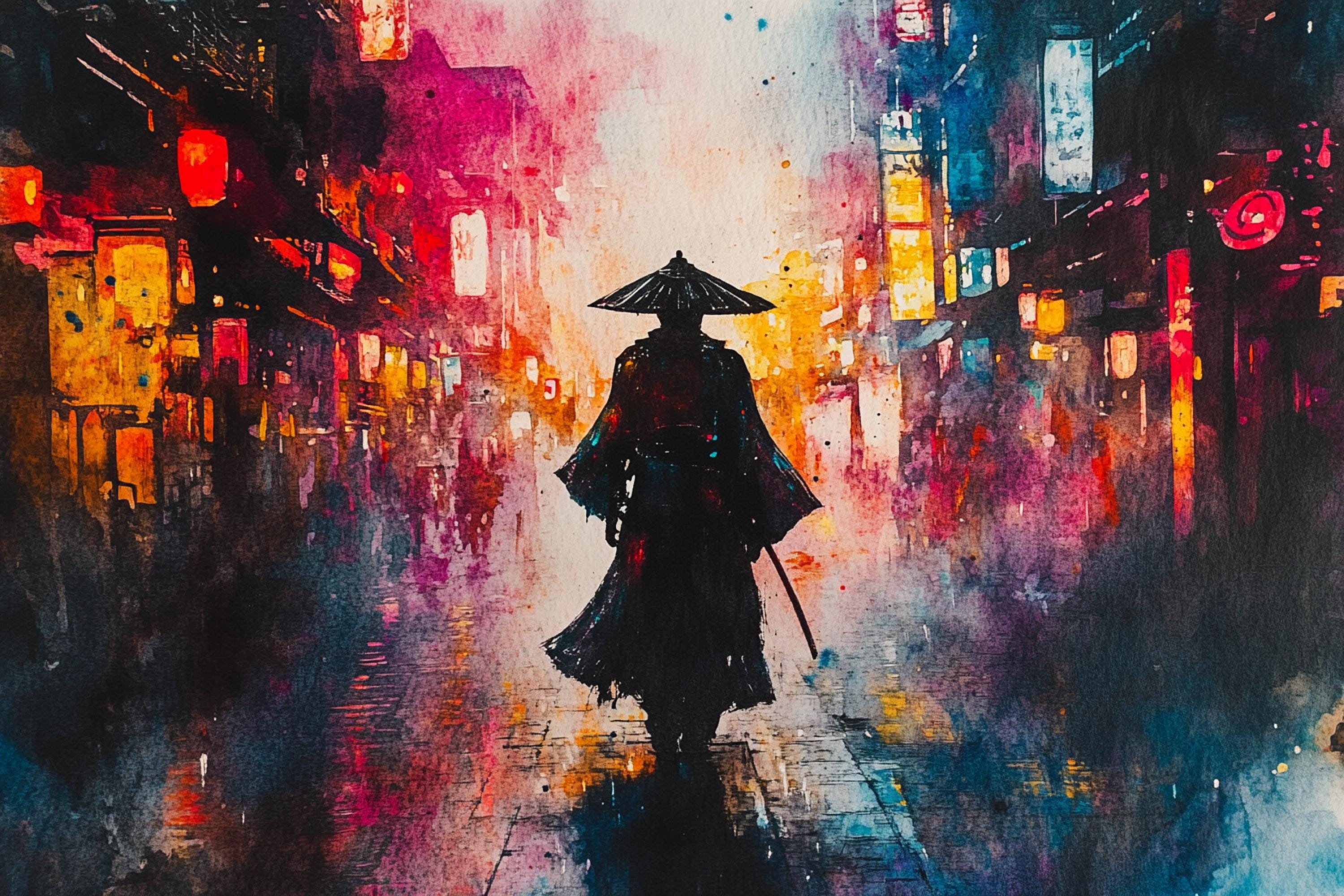 A person in a long black coat and a conical hat walks down a city street at night, surrounded by colorful lights and buildings.