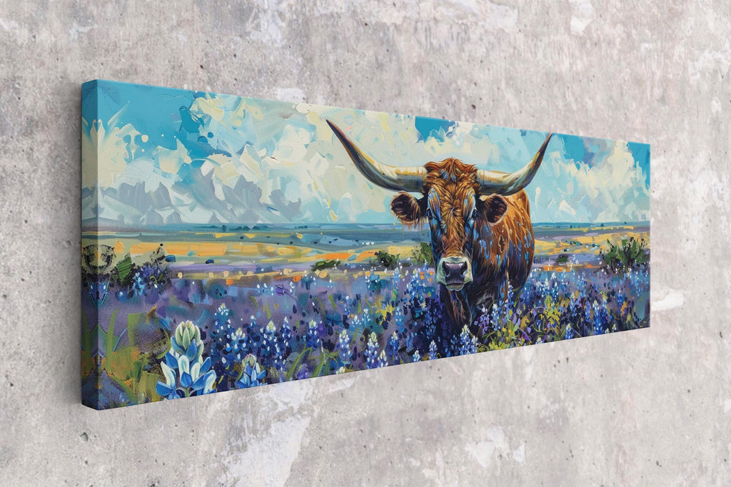 The image is a painting of a large horned bull standing in a field of flowers, with a blue sky and clouds in the background.