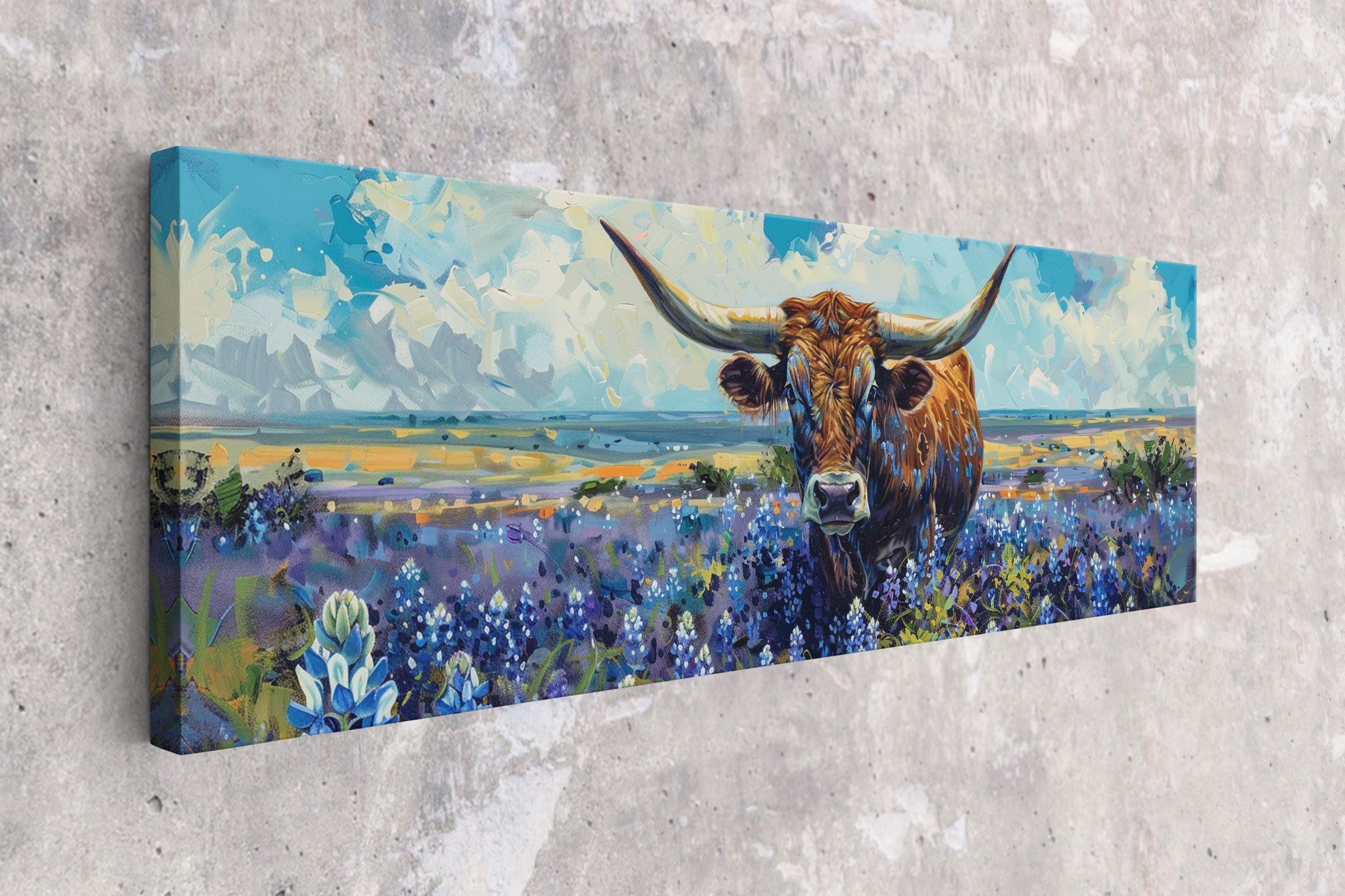 The image is a painting of a large horned bull standing in a field of flowers, with a blue sky and clouds in the background.