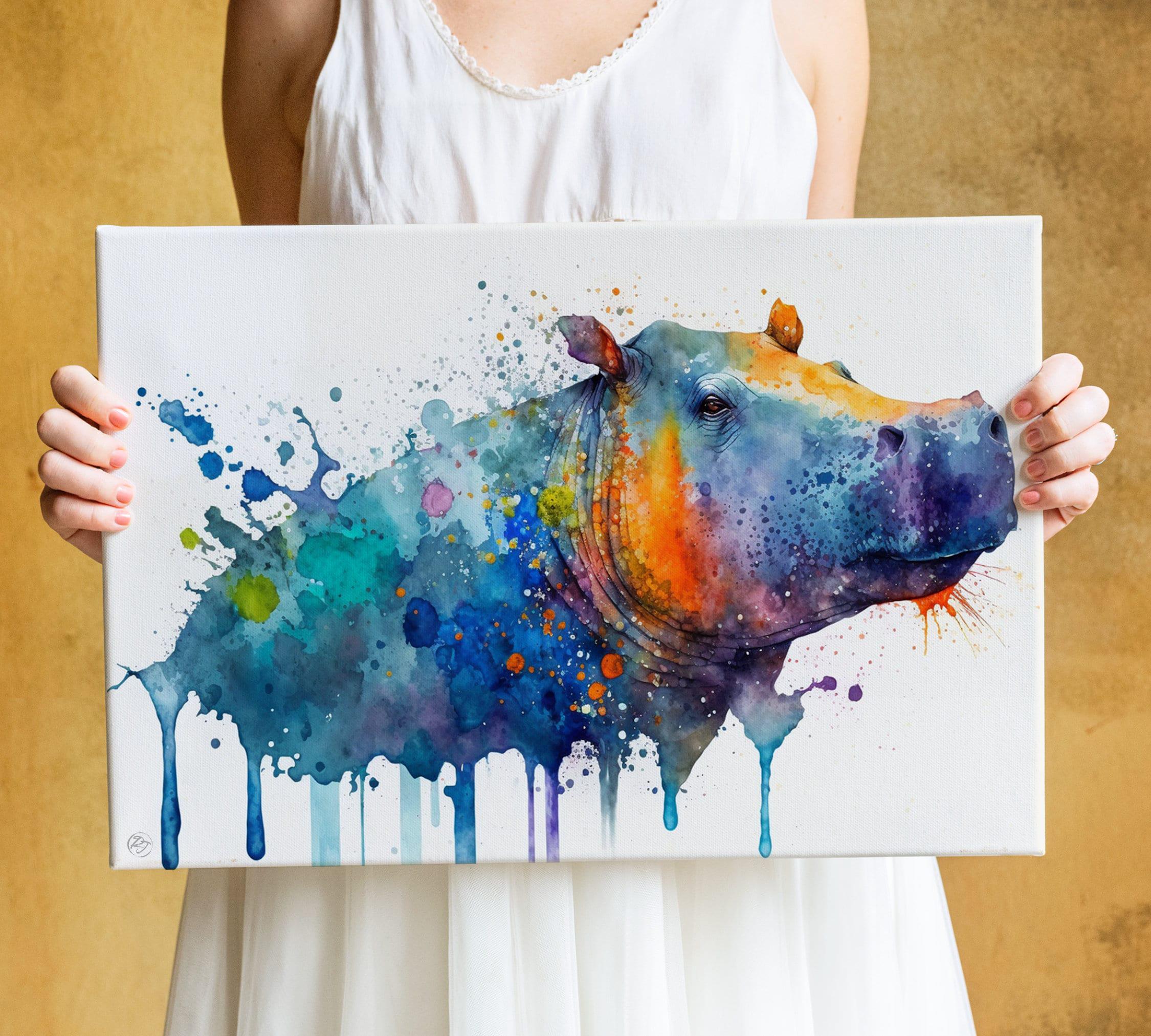 Wildlife Majesty: Hippopotamus Watercolor Painting, Giclee Print on Canvas, Artist Paper, Watercolor Paper, Available in Extra Large Sizes
