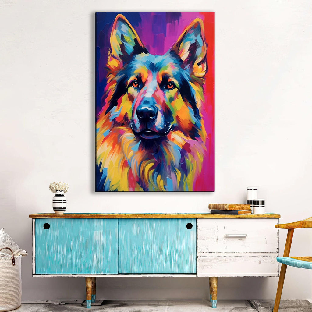 German Shepherd Painting - Large Canvas Wall Art | Colorful Dog Artwork, Giclee Print