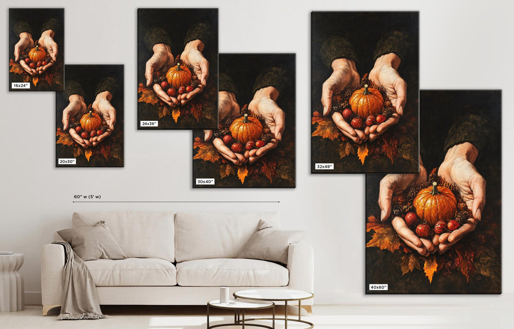 The image is a collage of multiple images depicting hands holding pumpkins and autumn leaves.