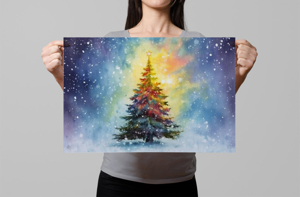 Joyful Holiday Tree Watercolor - Christmas Wall Art, Giclee Print on Canvas, Artist Paper, Watercolor Paper, Available in Extra Large Sizes