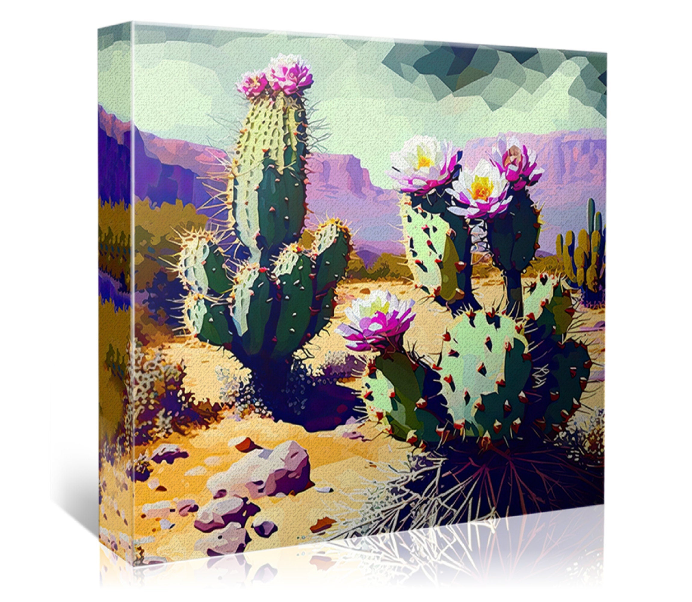 Desert Cactus Art – Purple Green Cactus Blossom on Gallery Wrapped Canvas, Ready to Hang