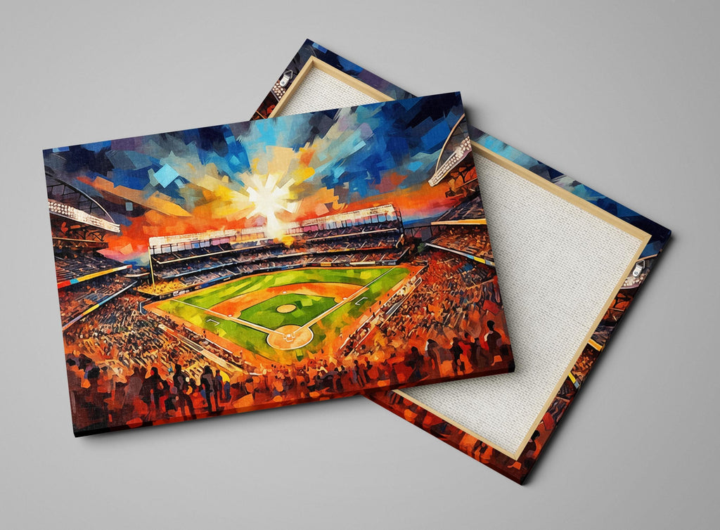 a vibrant and colorful painting of a baseball stadium filled with spectators, set against a dramatic sky backdrop.
