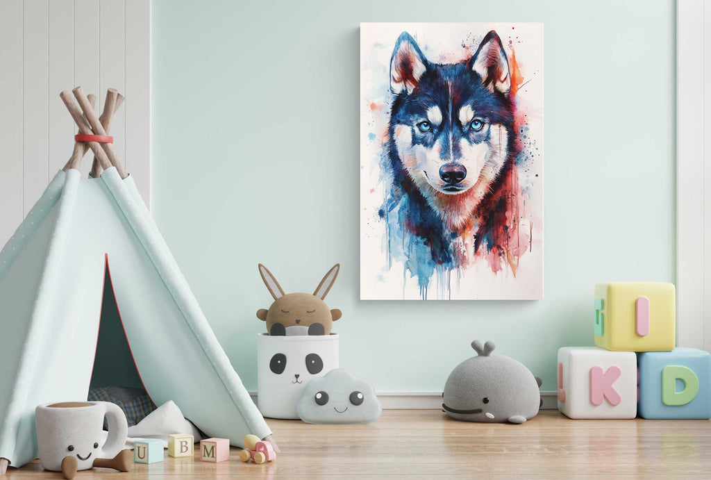 A colorful painting of a wolf's face hangs on a light blue wall, surrounded by various toys and decorations in a child's room.