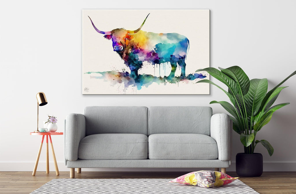 Nature's Charm: Highland Cow Watercolor Wall Art, Giclee Print on Canvas, Artist Paper, Watercolor Paper, Available in Extra Large Sizes