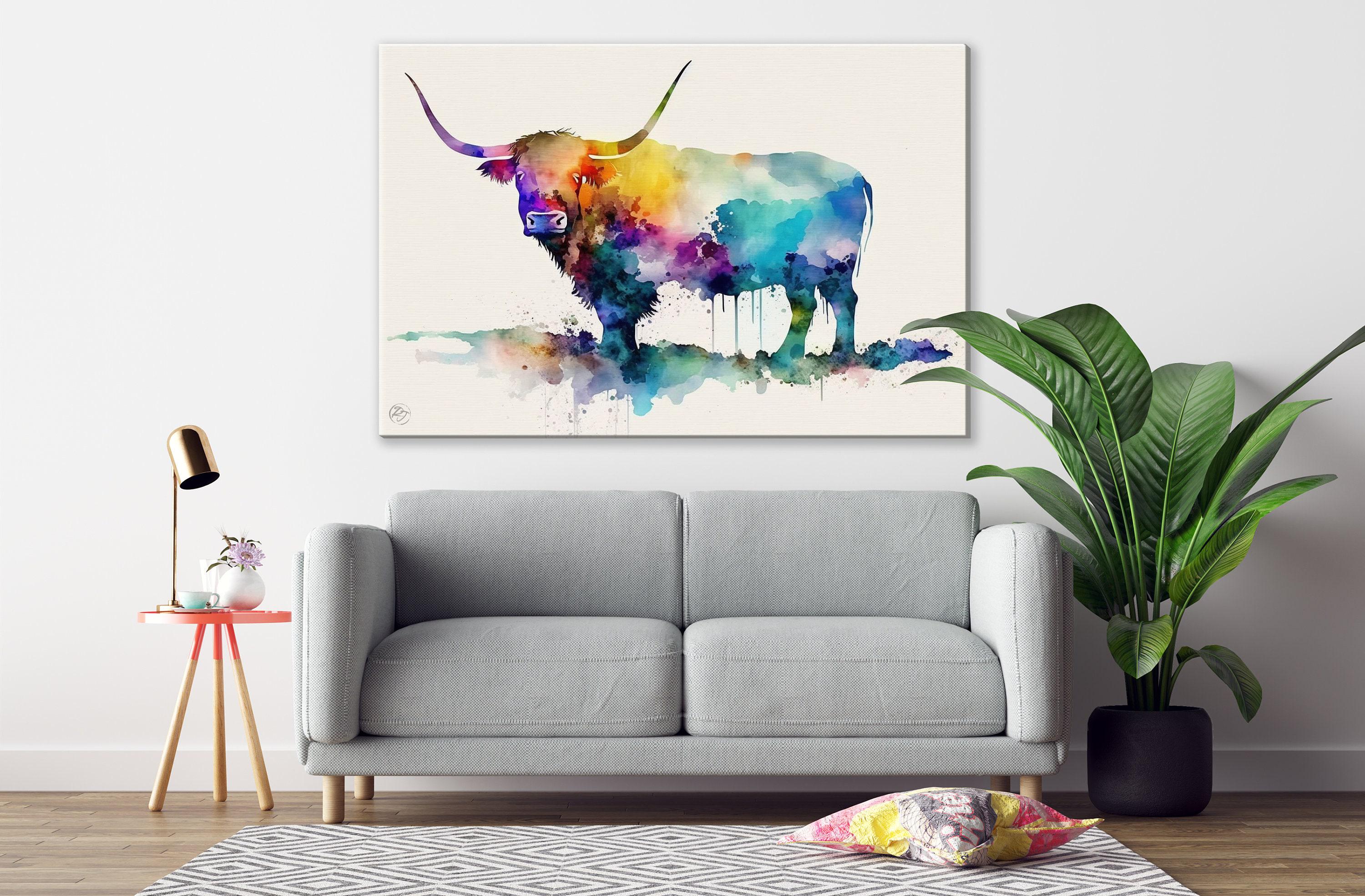 Nature's Charm: Highland Cow Watercolor Wall Art, Giclee Print on Canvas, Artist Paper, Watercolor Paper, Available in Extra Large Sizes
