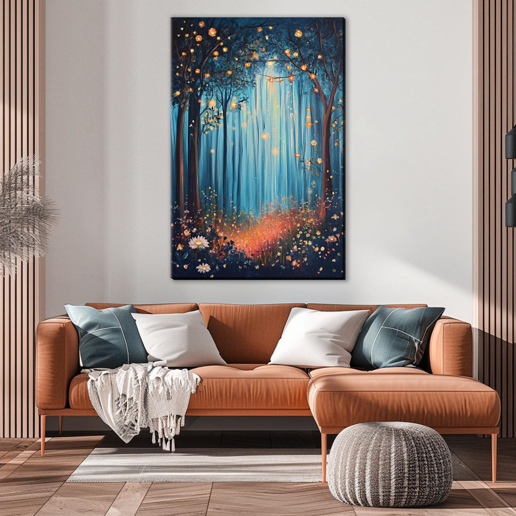 a living room with a couch and a painting on the wall