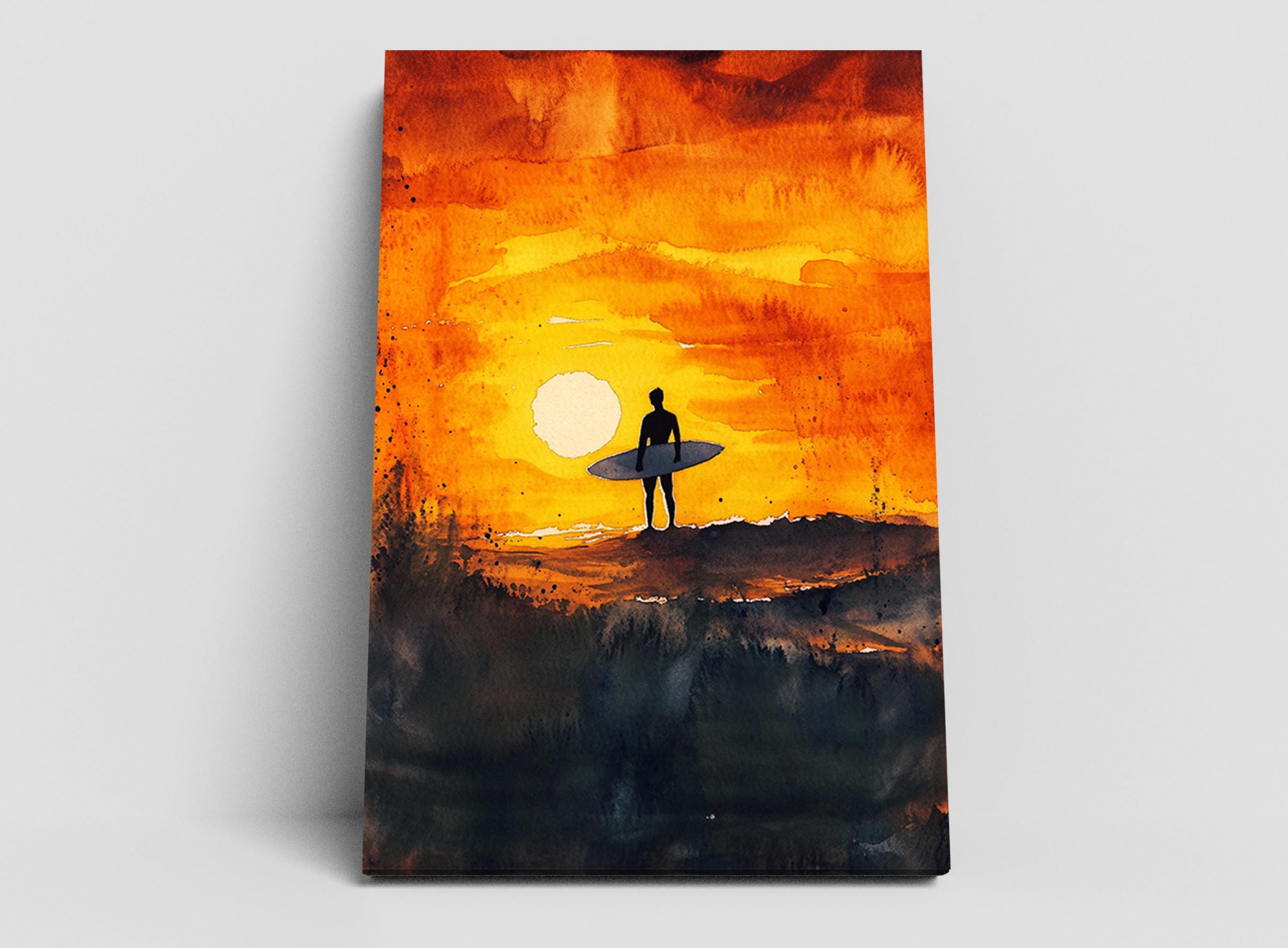 A surfer stands on a beach, silhouetted against a vibrant sunset sky with a large white circle in the center.