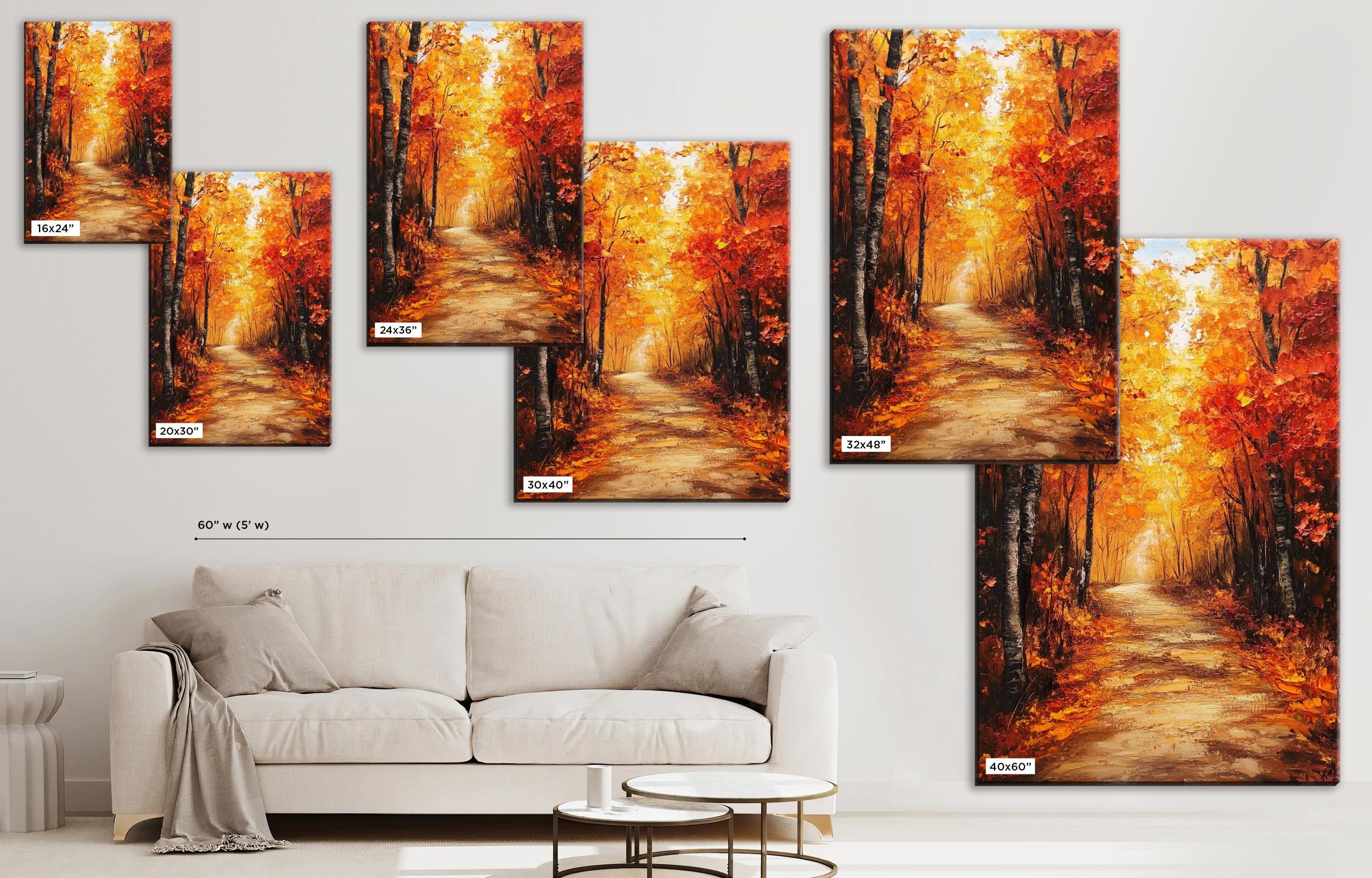 The image is a collage of multiple images depicting a path through a forest with autumn foliage. The images are arranged in a grid-like pattern on the wall, showcasing the different sizes and orientations of the pictures. In the foreground, there is a white couch, and a coffee table is visible in the background.