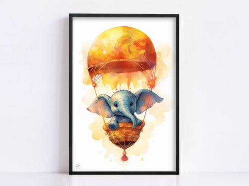 Baby Elephant Hot Air Balloon Watercolor Nursery Decor, Print on Canvas, Artist Paper, Watercolor Paper, Available in Extra Large Sizes