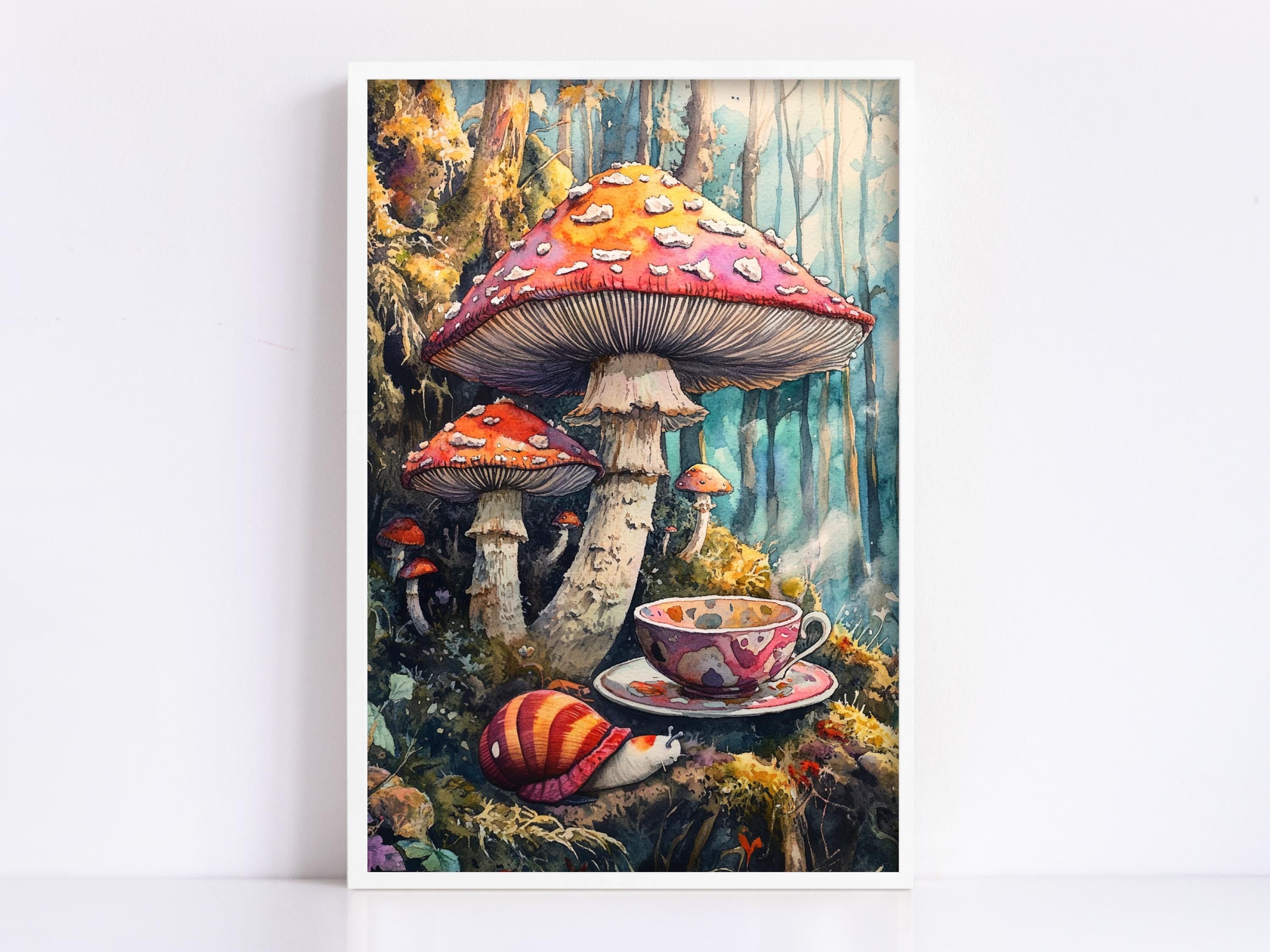 A whimsical painting depicting a cup of tea surrounded by mushrooms and a snail in a lush, forested setting.