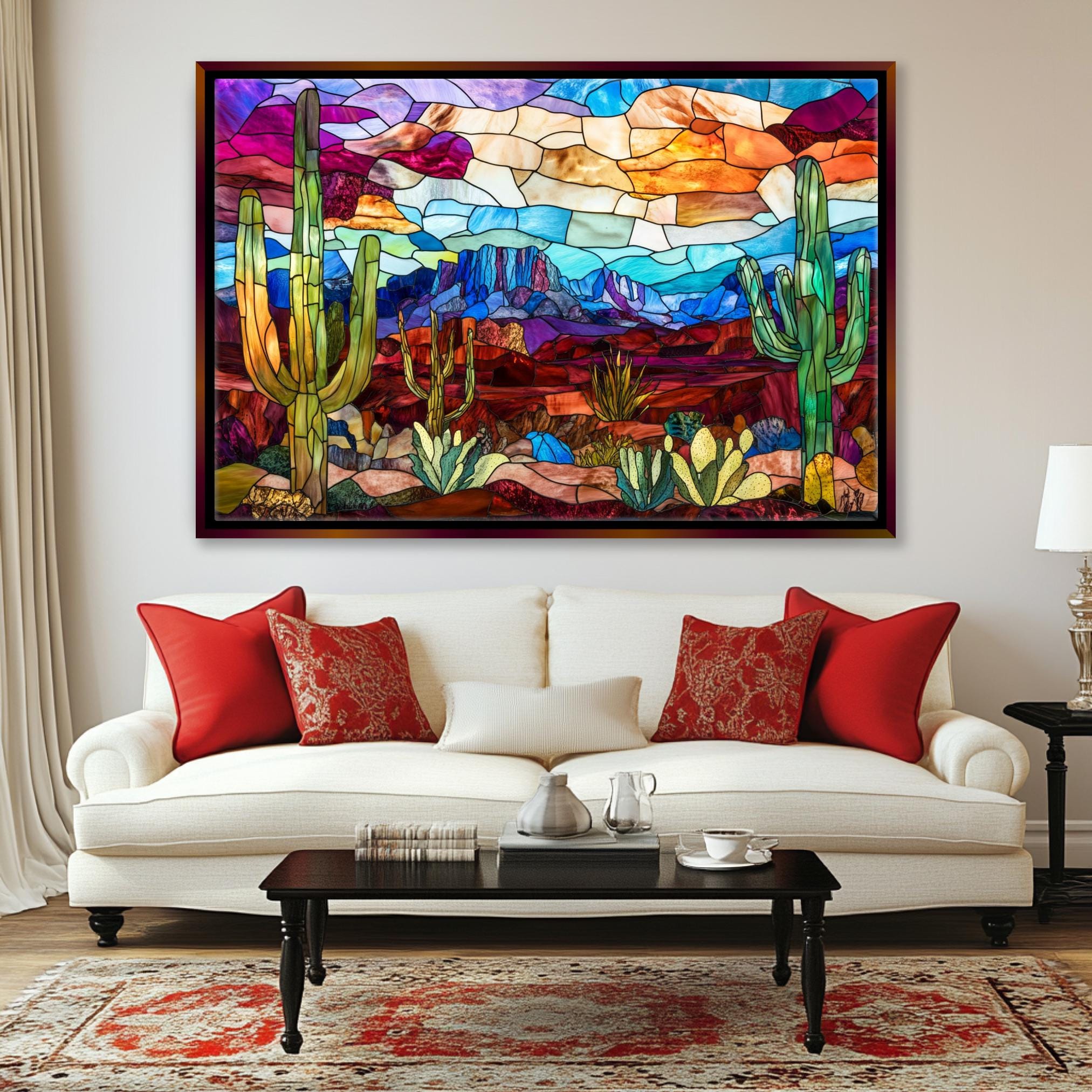 a living room with a couch and a painting on the wall
